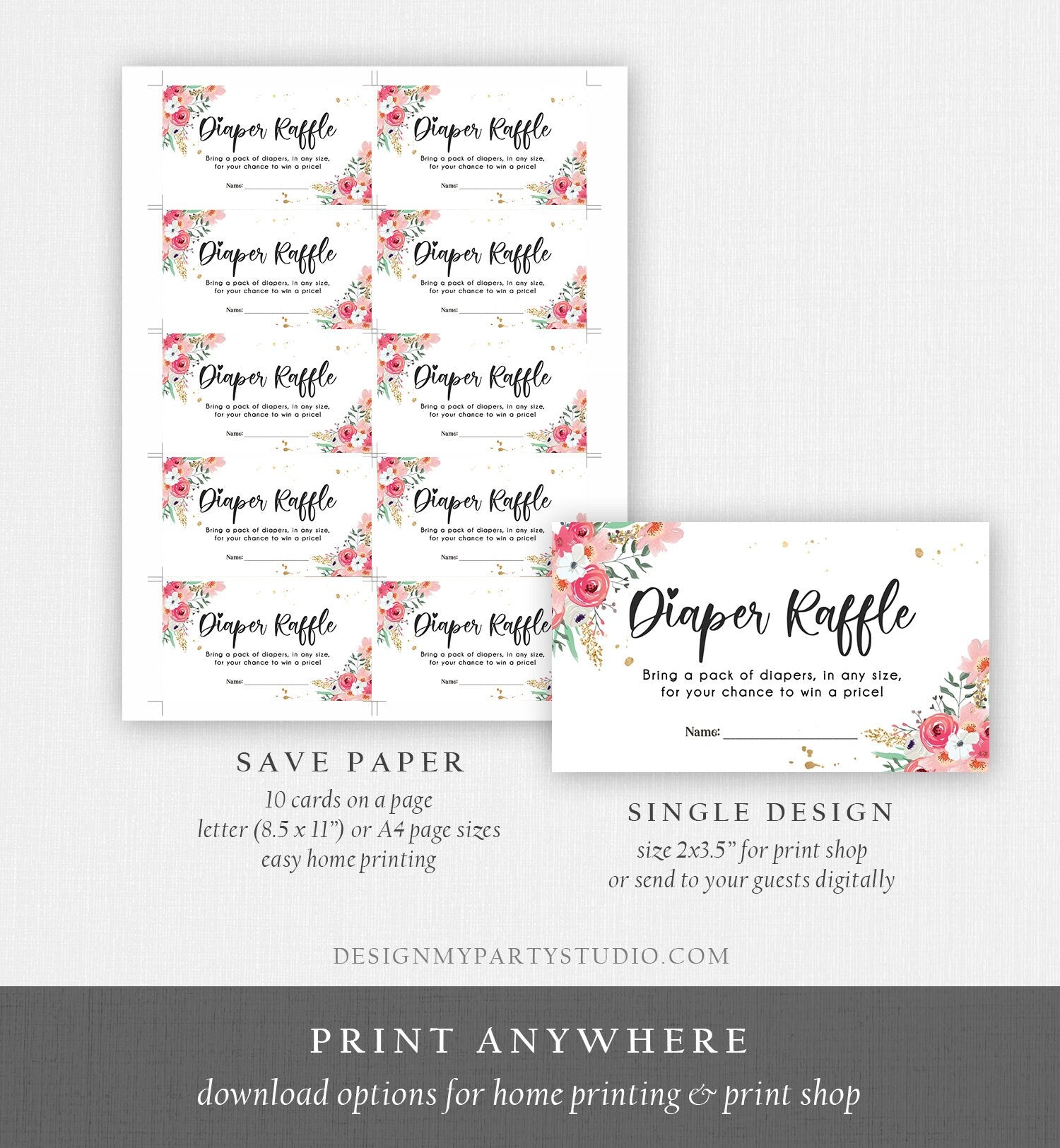 Editable Floral Diaper Raffle Ticket Baby Shower Pink Flowers Girl Pink Gold Diaper Game Book Insert Ticket Digital Corjl Template 0335