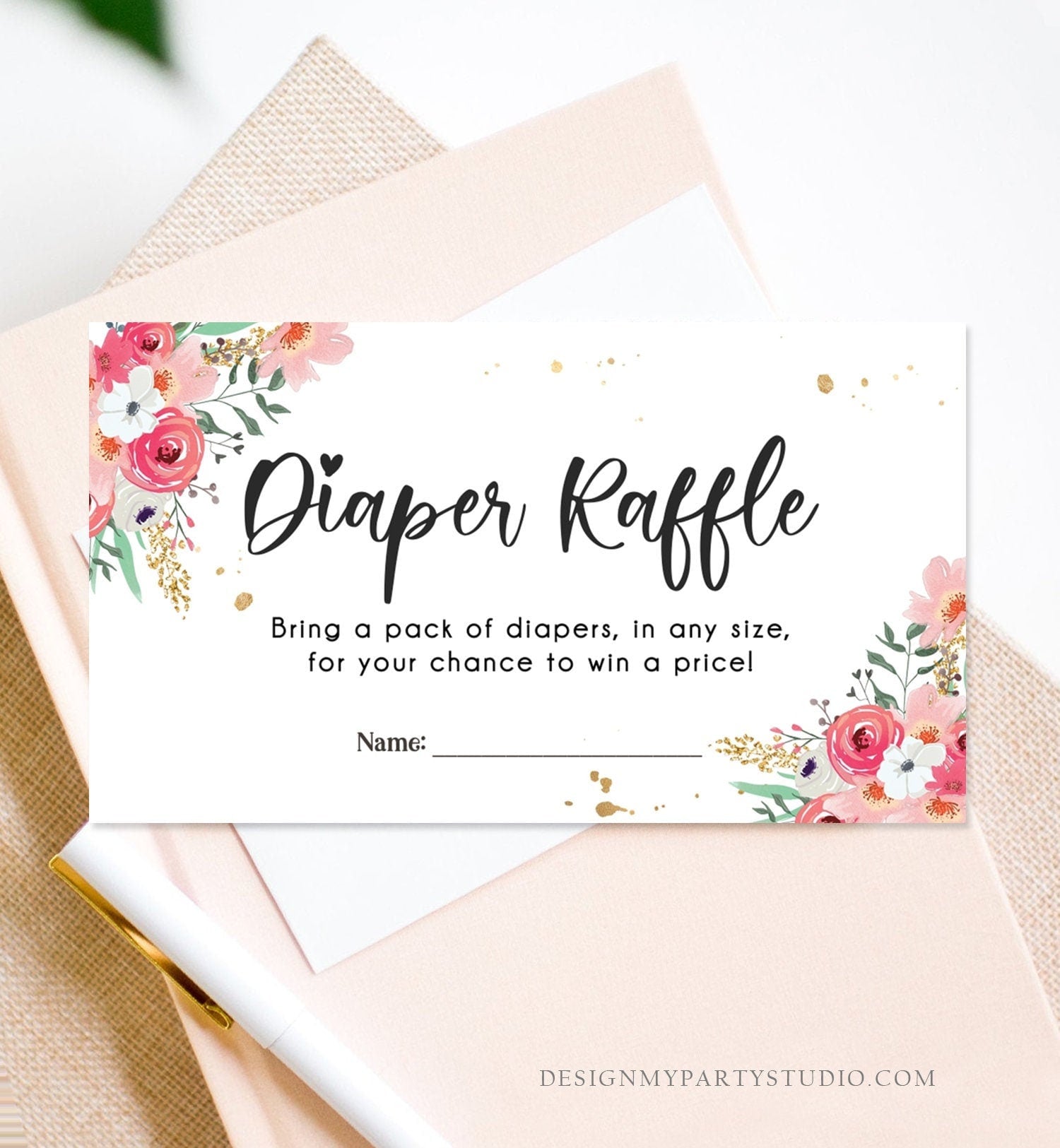 Editable Floral Diaper Raffle Ticket Baby Shower Pink Flowers Girl Pink Gold Diaper Game Book Insert Ticket Digital Corjl Template 0335