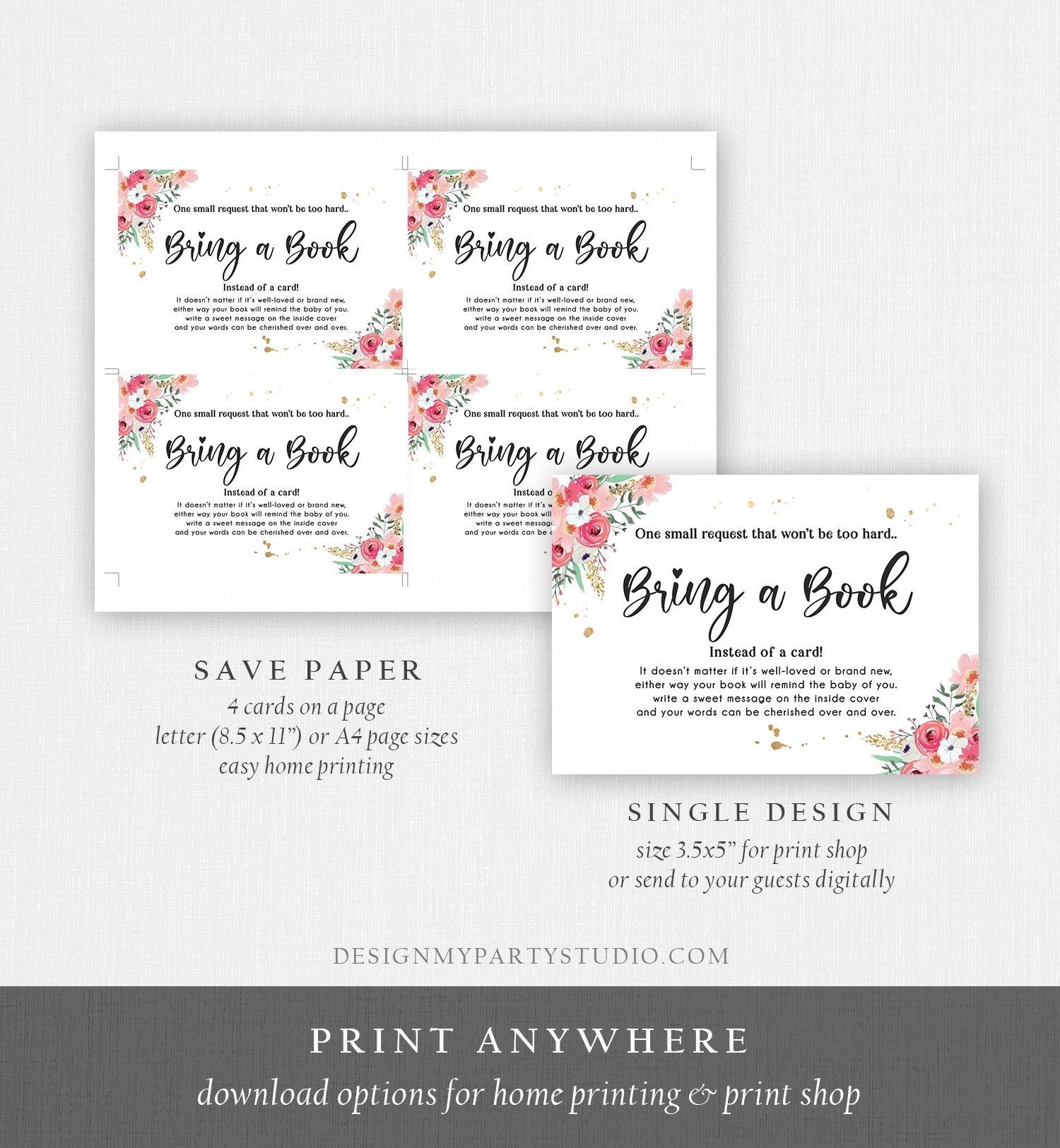 Editable Floral Bring a Book Card Baby Shower Pink Flowers Girl Pink and Gold Book Request Baby Book Insert Ticket Corjl Template 0335