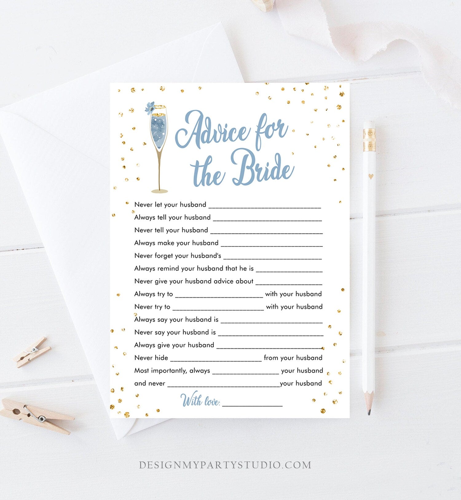 Editable Advice for the Bride to Be Brunch and Bubbly Bridal Shower Game Words of Wisdom Champagne Blue Floral Corjl Template Printable 0150