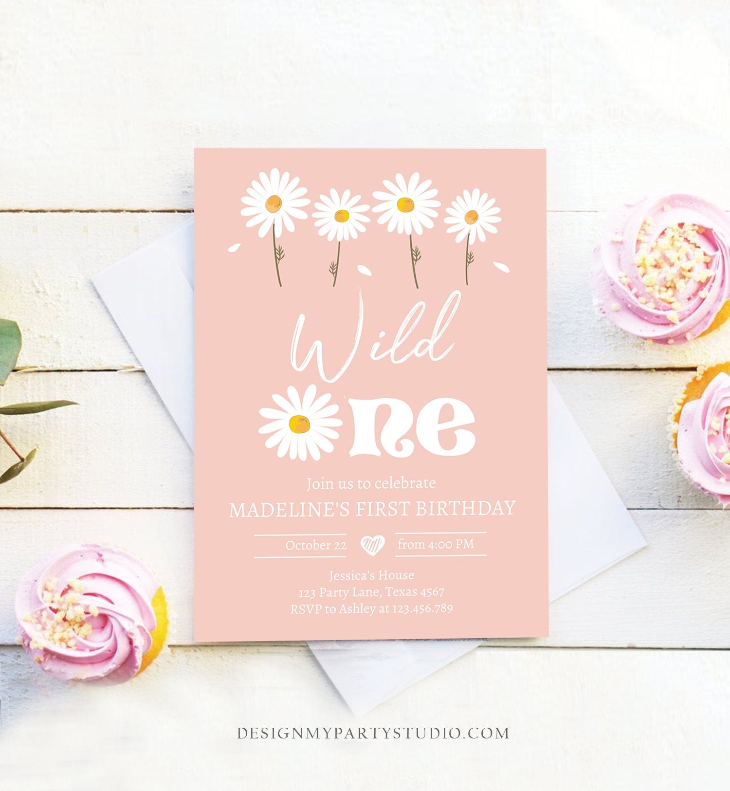 Editable Daisy Birthday Party Invitation 1st Birthday Wild One Floral Girl Boho Pink First Download Printable Template Corjl Digital 0410