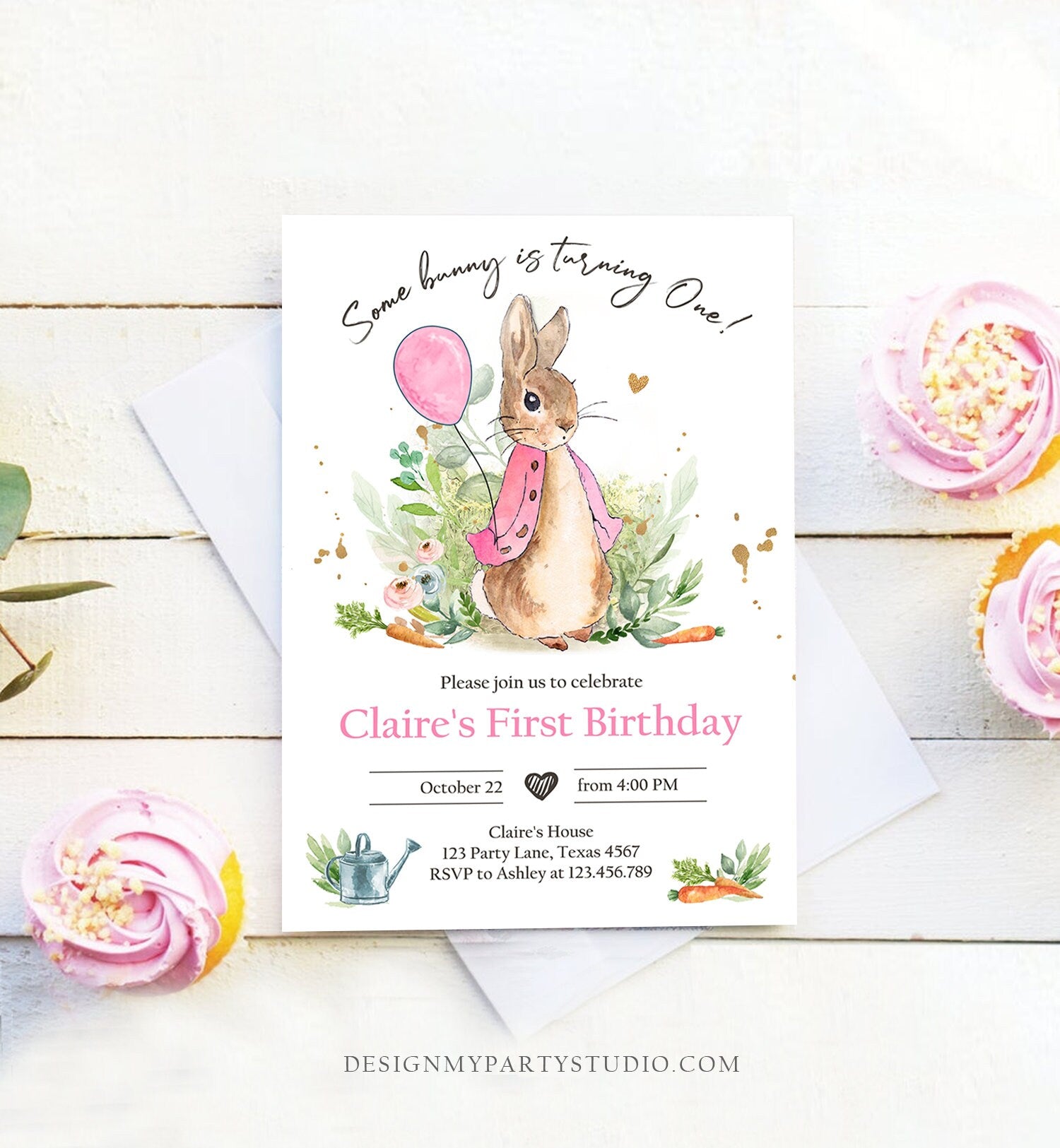 Editable Flopsy Bunny Birthday Invitation Gril Pink Rustic Peter Rabbit 1st Birthday Invite Watercolor Digital Corjl Template Printable 0351