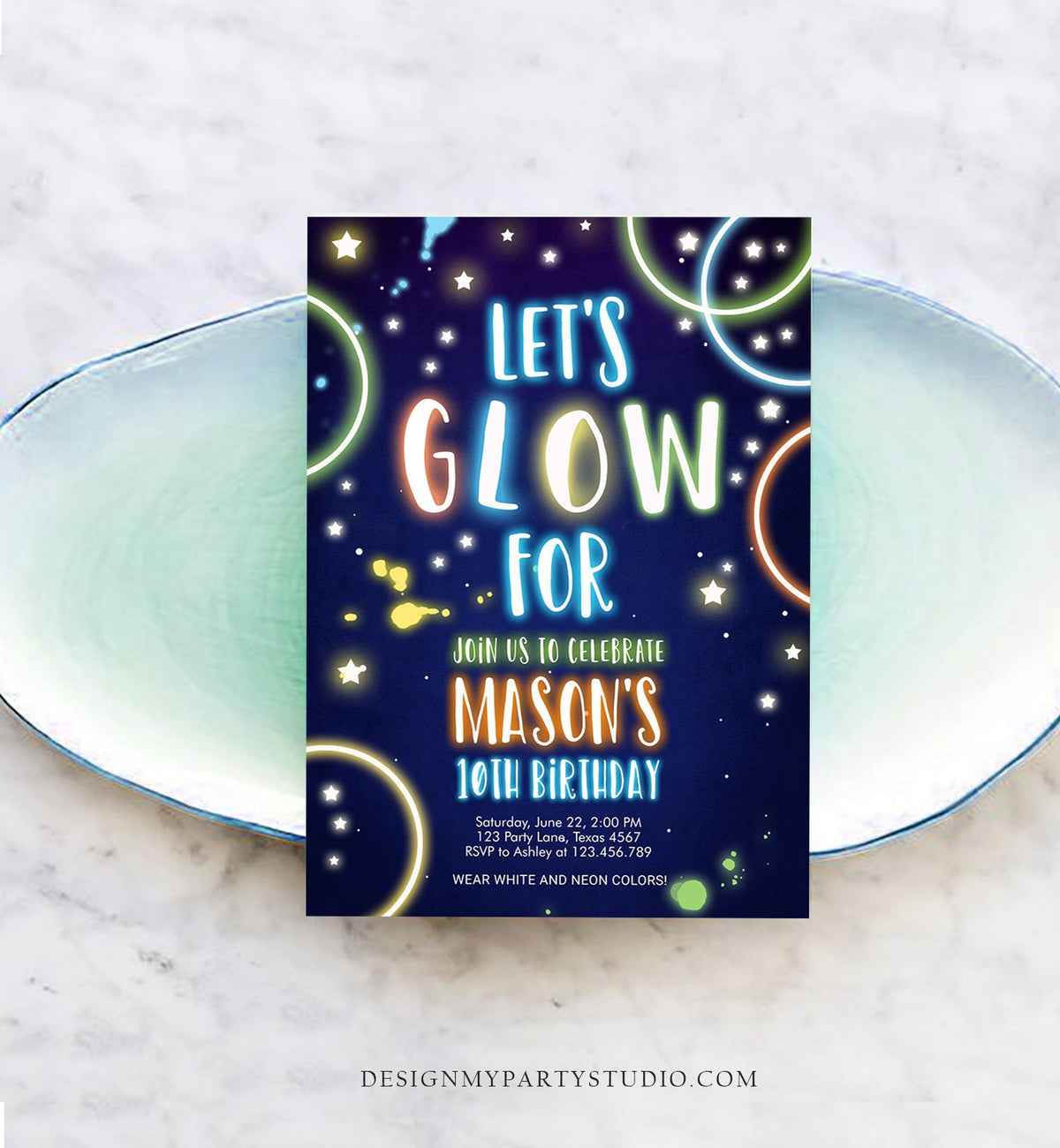 Editable Let&#39;s Glow Birthday Invitation Glow Crazy Party Neon Glow In The Dark Party Boy Teen Blue Download Printable Template Corjl 0172