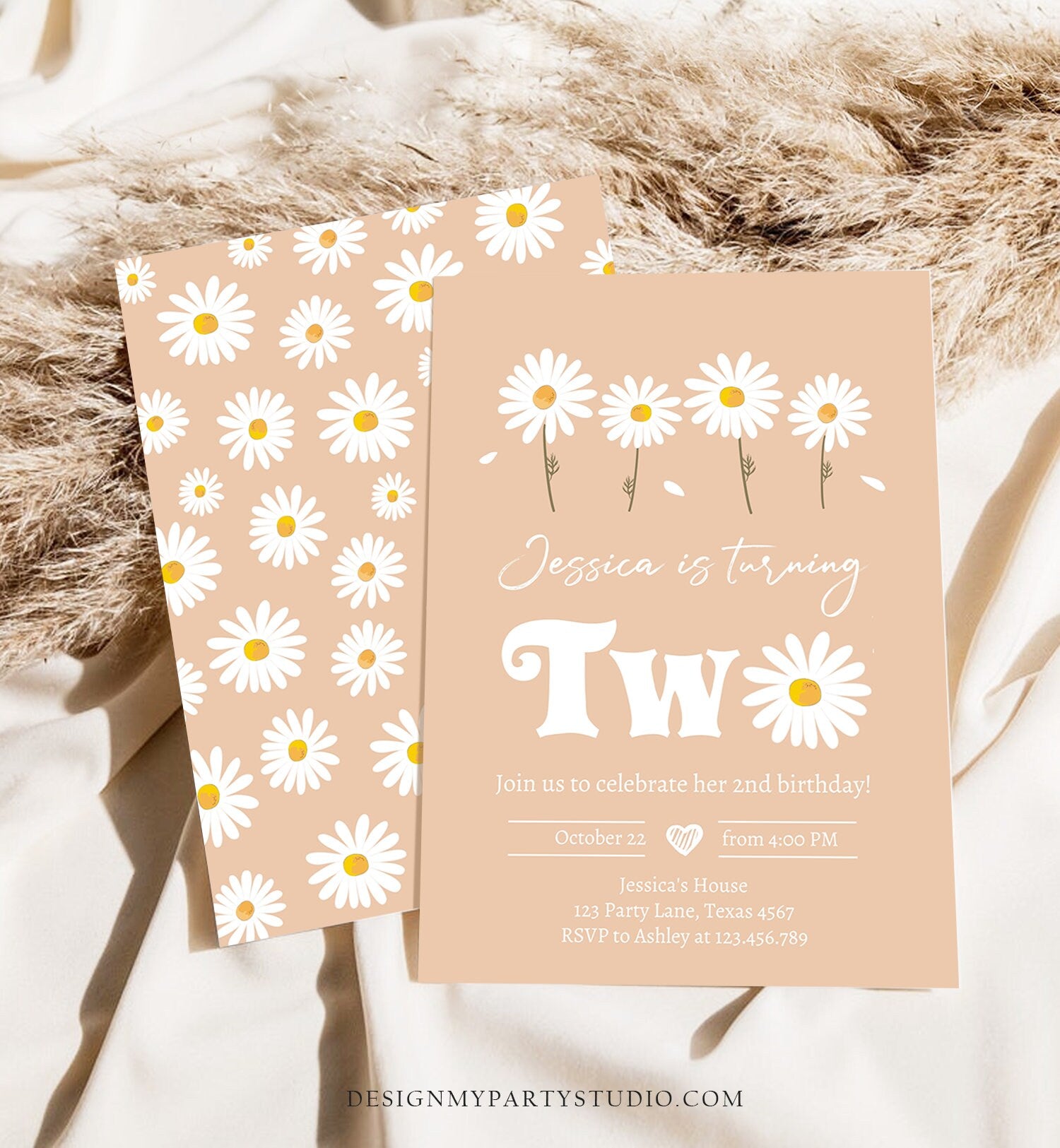 Editable Daisy Birthday Party Invitation 2nd Birthday Two Floral Bohemian Girl Boho First Download Printable Template Corjl Digital 0410