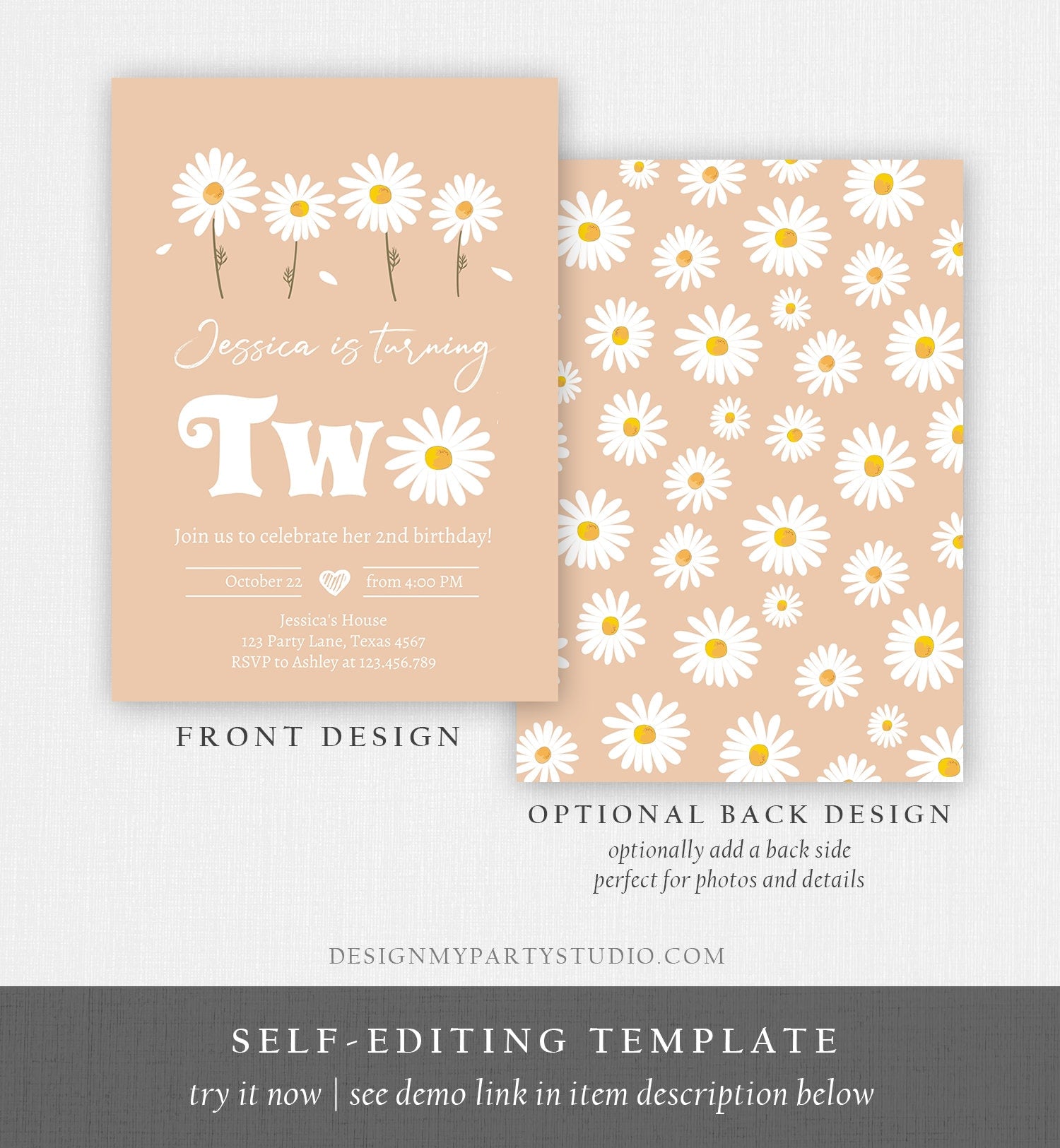 Editable Daisy Birthday Party Invitation 2nd Birthday Two Floral Bohemian Girl Boho First Download Printable Template Corjl Digital 0410