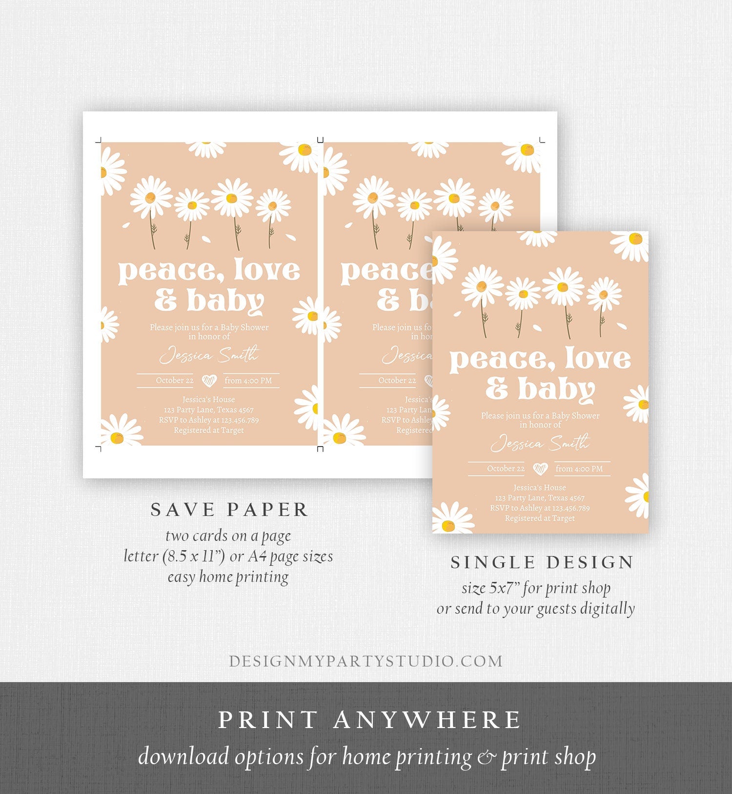 Editable Peace Love and Baby Shower Invitation Daisy Invitation Floral Bohemian Boho Hippie Download Printable Template Corjl Digital 0410