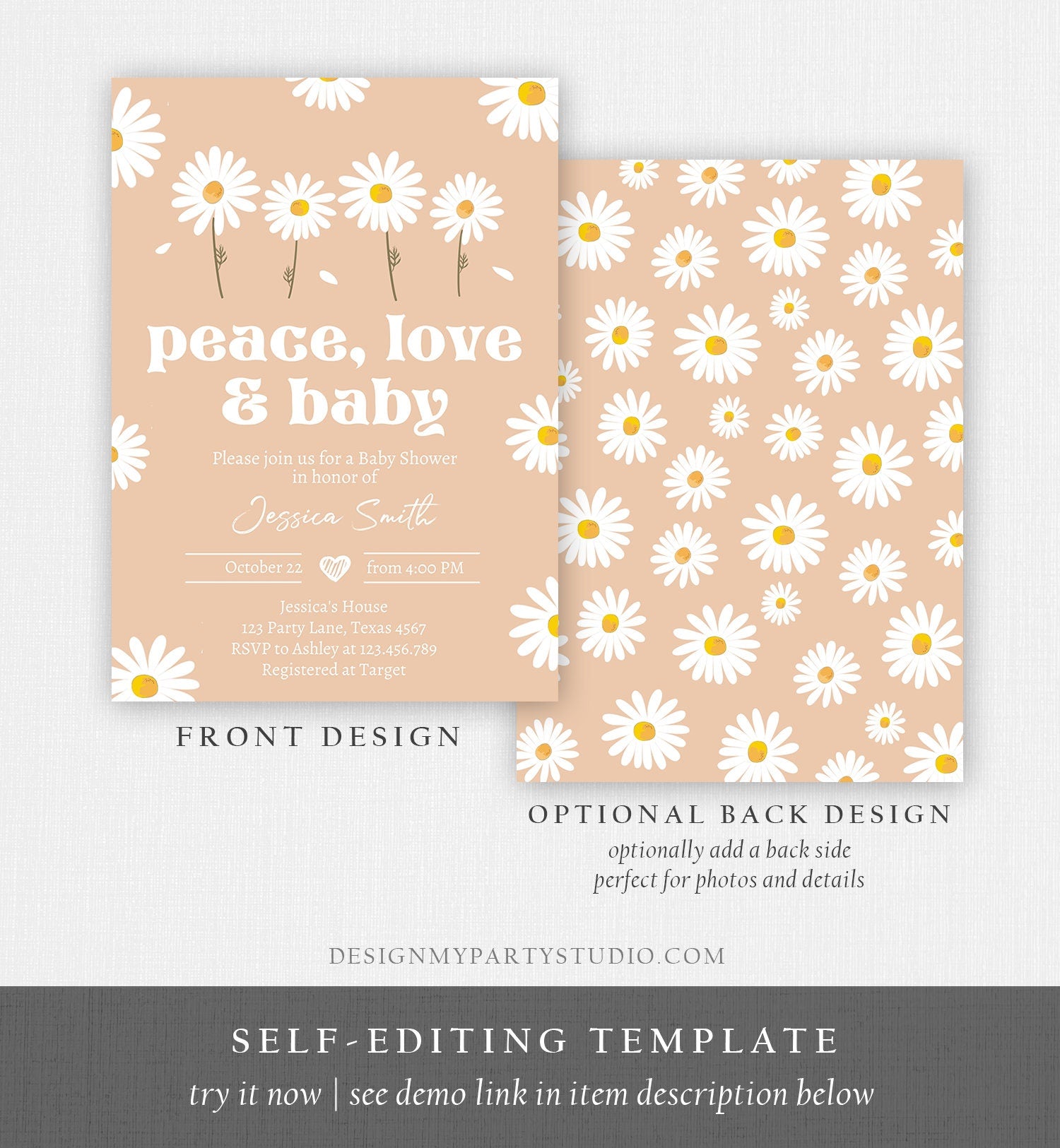 Editable Peace Love and Baby Shower Invitation Daisy Invitation Floral Bohemian Boho Hippie Download Printable Template Corjl Digital 0410