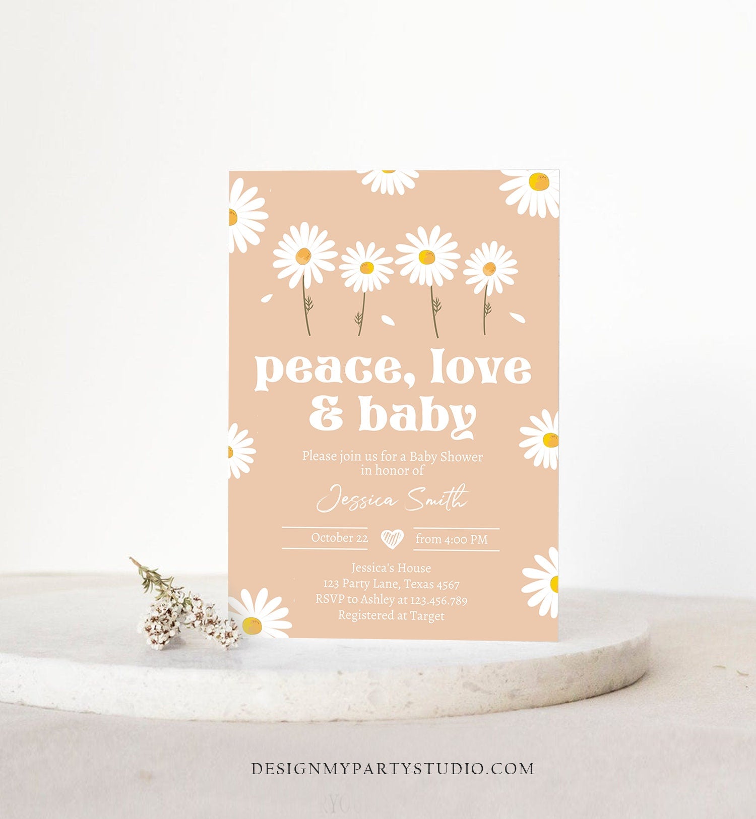 Editable Peace Love and Baby Shower Invitation Daisy Invitation Floral Bohemian Boho Hippie Download Printable Template Corjl Digital 0410