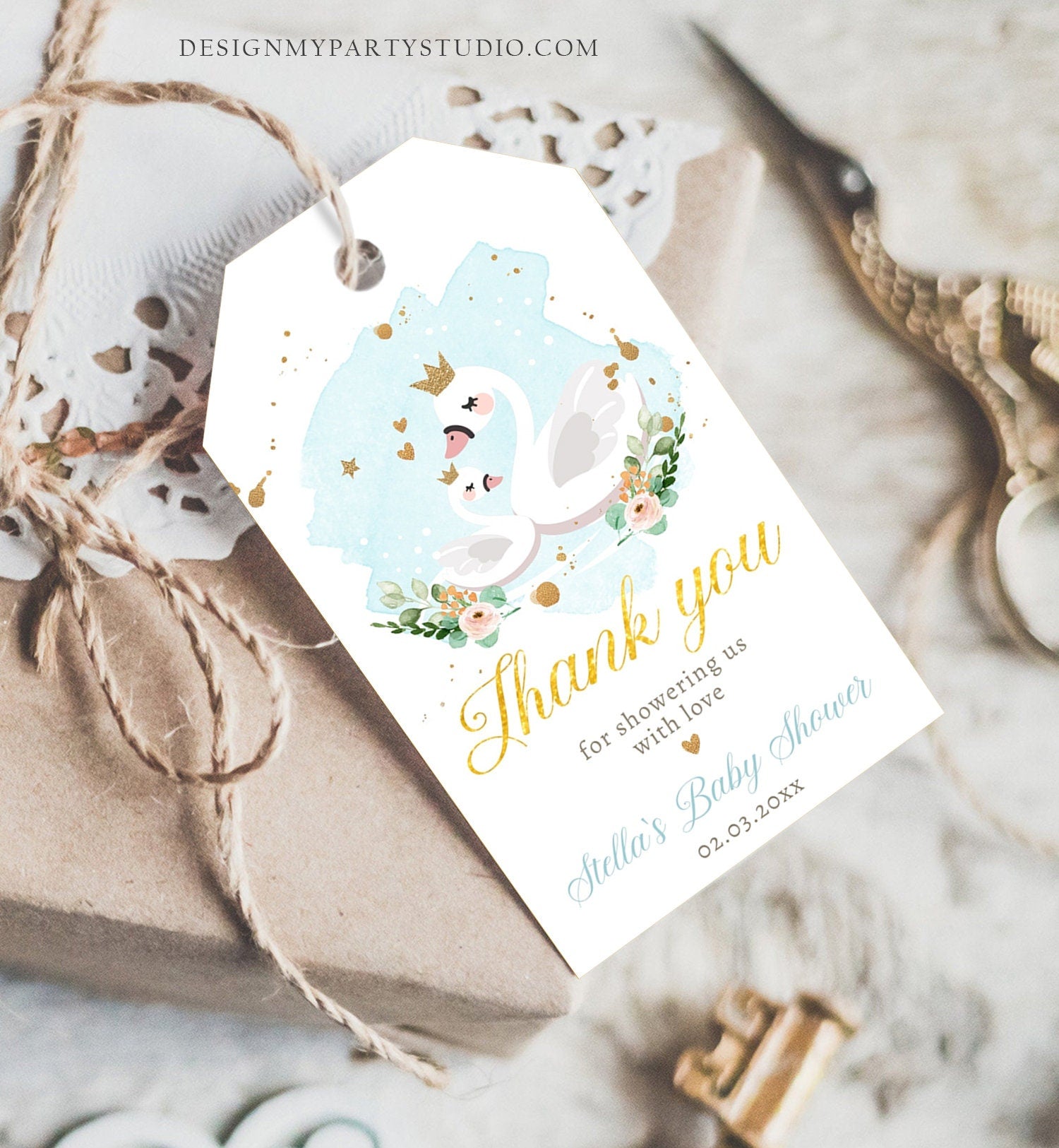 Editable Floral Swan Baby Shower Favor Tags Thank You Tags Swans Boy Blue Gold Swan Baby Boy Gift Tag Decor Digital Corjl Template 0382