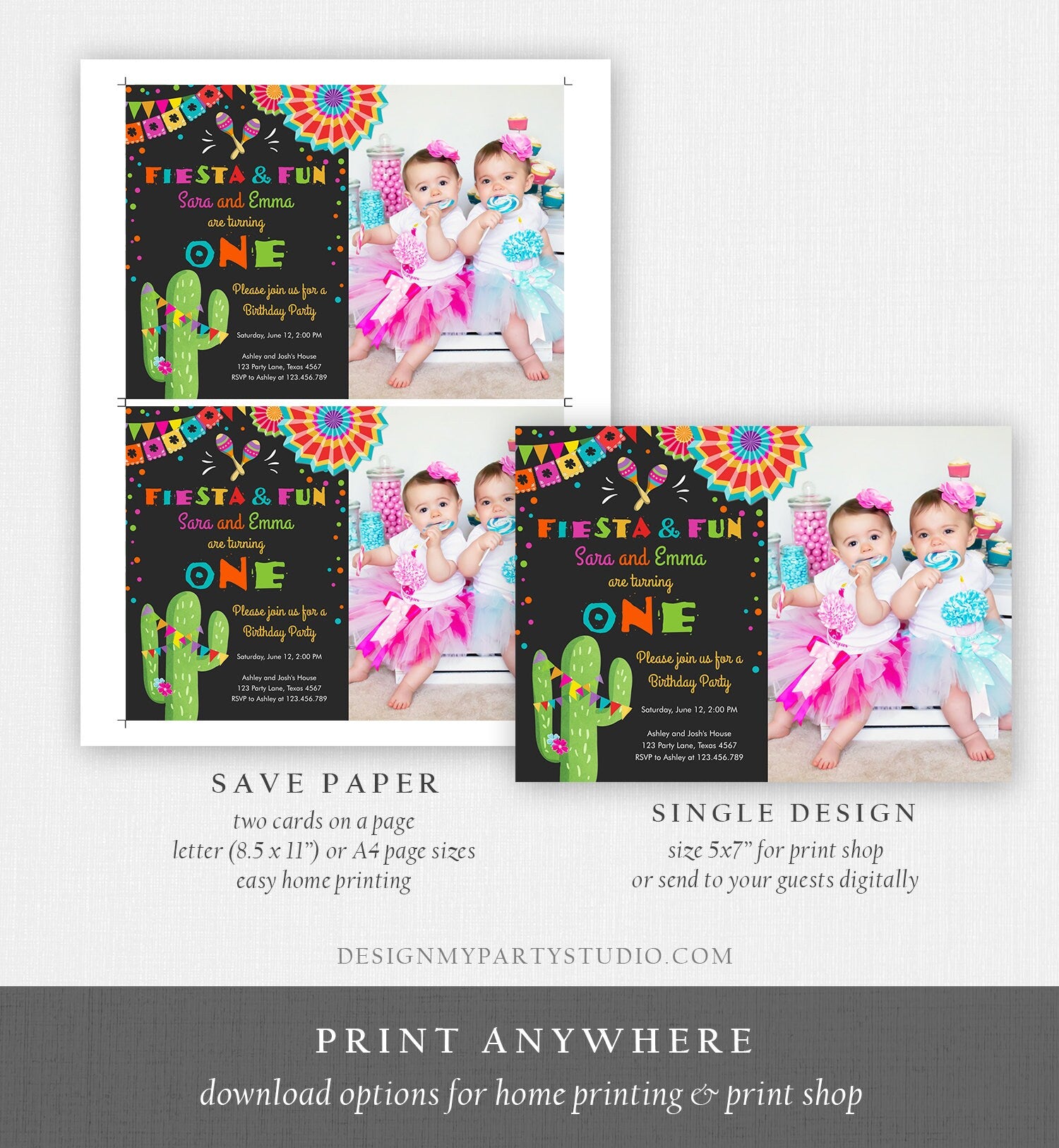 Editable Fiesta and Fun Birthday Invitation ANY AGE Joint Siblings Cactus Mexican Party Girl Boy Colorful Corjl Template Printable 0045