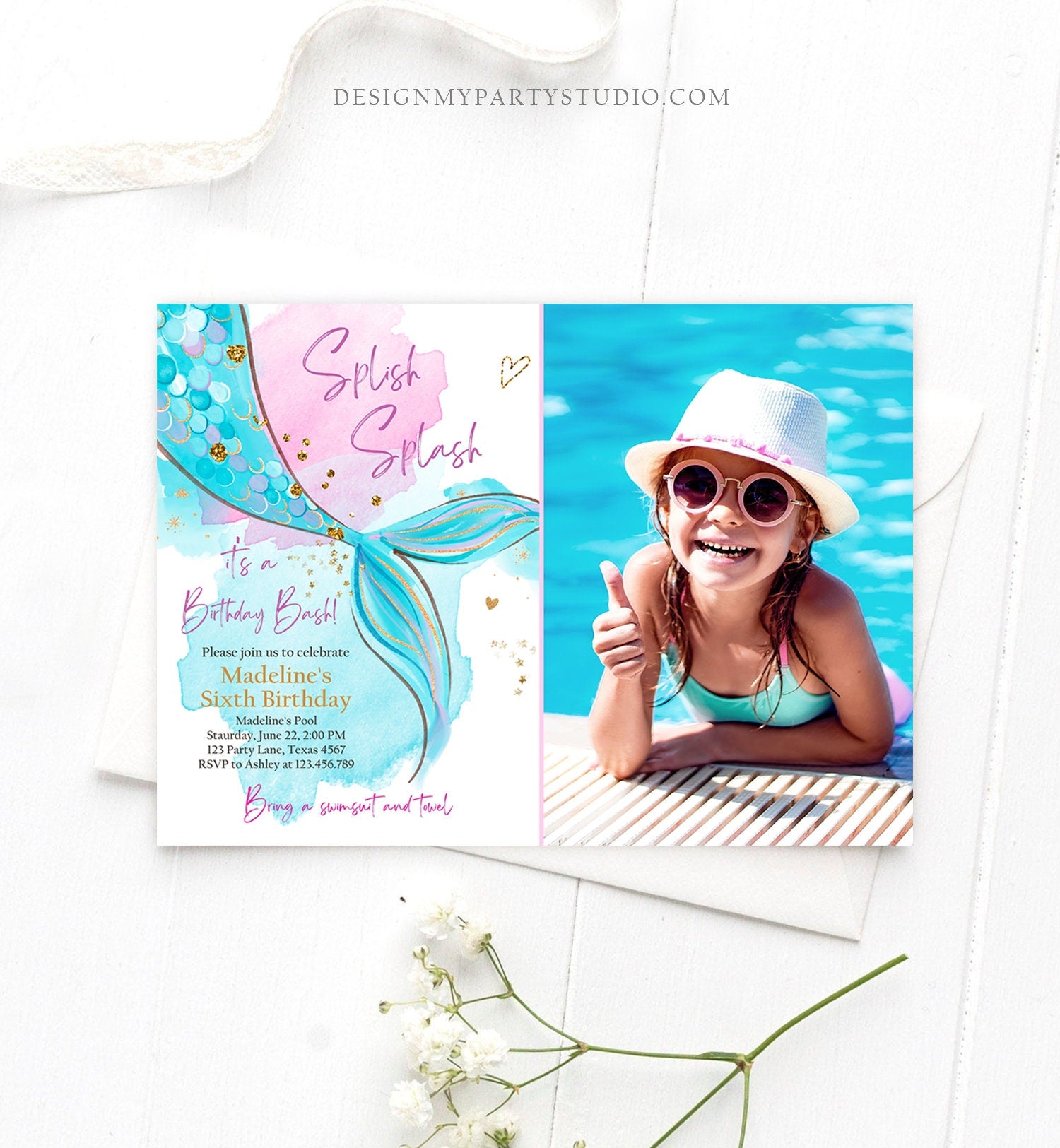 Editable Mermaid Birthday Party Invitation Girl Pink Aqua Blue Gold Mermaid Birthday Under The Sea Download Printable Template Corjl 0403