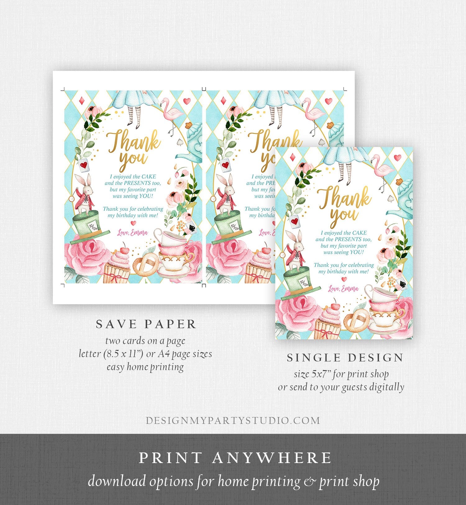 Alice in Wonderland Printable Invitation with FREE Thank you Card