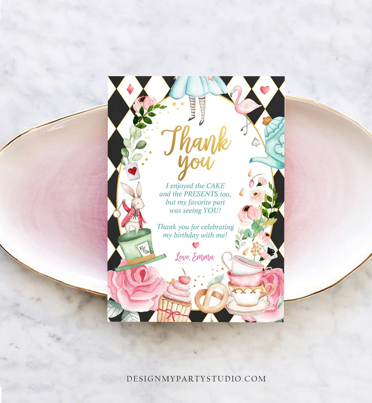 Editable Alice In Wonderland Thank You Card Girl Blue First Birthday Onederland Tea Party Thank You Printable Template Corjl Digital 0350