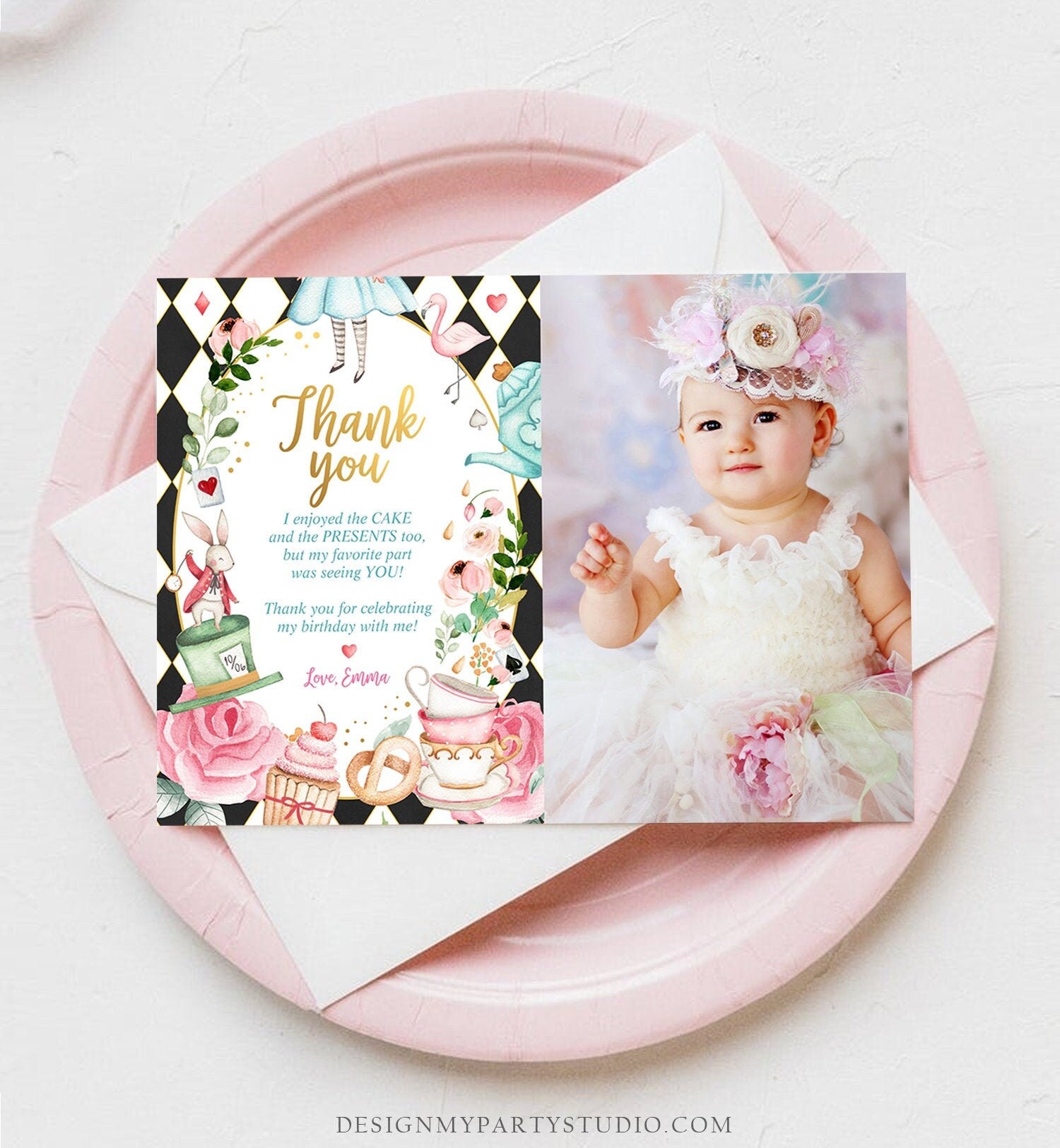 Editable Alice In Wonderland Thank You Card Girl Black First Birthday Onederland Tea Party Thank You Printable Template Corjl Digital 0350