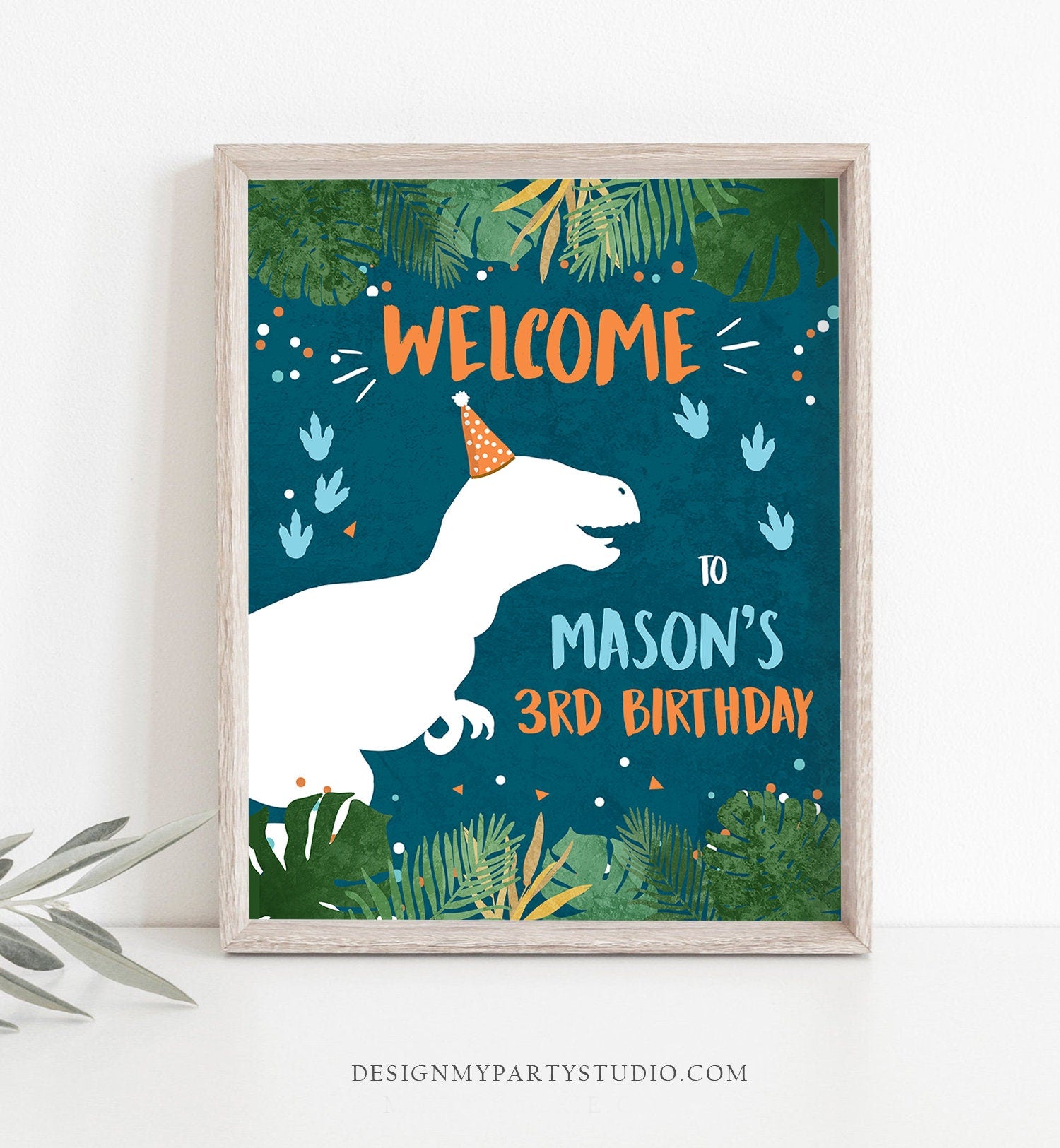 Editable Dinosaur Welcome Sign Boy Green Blue Dino Dig Party Dinosaur Birthday Sign Table Sign Download Corjl Template PRINTABLE 0378