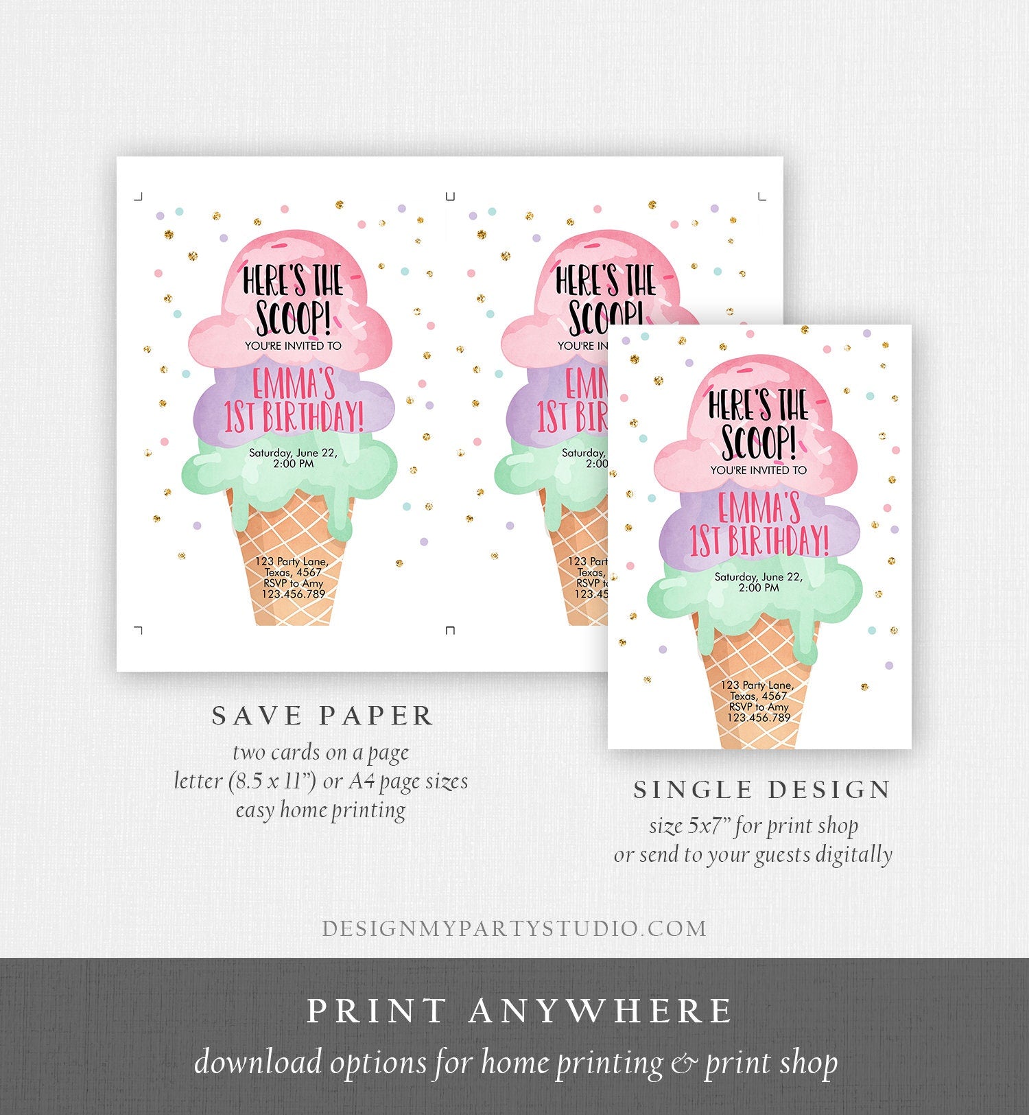 Editable Ice Cream Birthday Invitation First Birthday Party Here's the Scoop Cone Pink Green Gold Purple Printable Template Corjl 0243