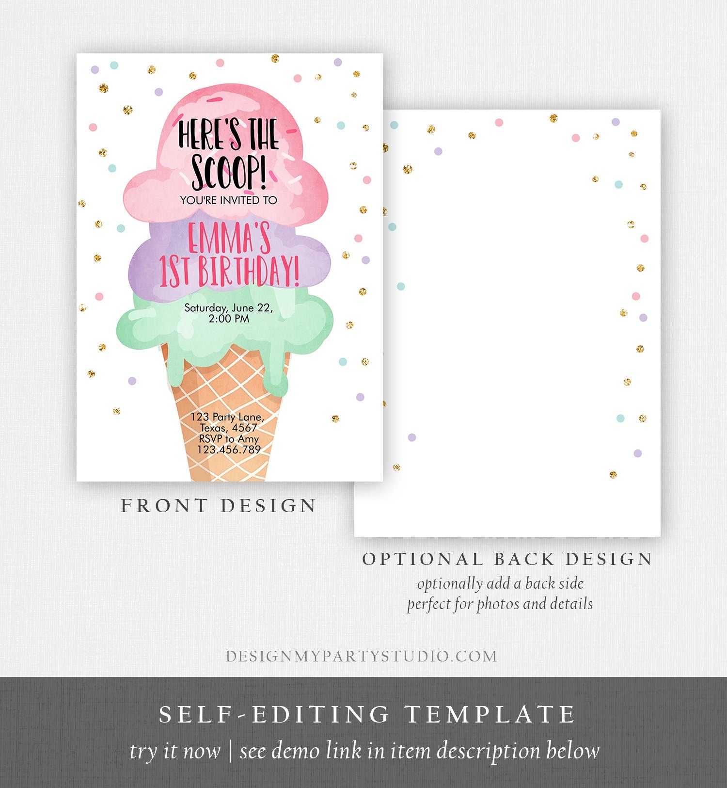 Editable Ice Cream Birthday Invitation First Birthday Party Here's the Scoop Cone Pink Green Gold Purple Printable Template Corjl 0243