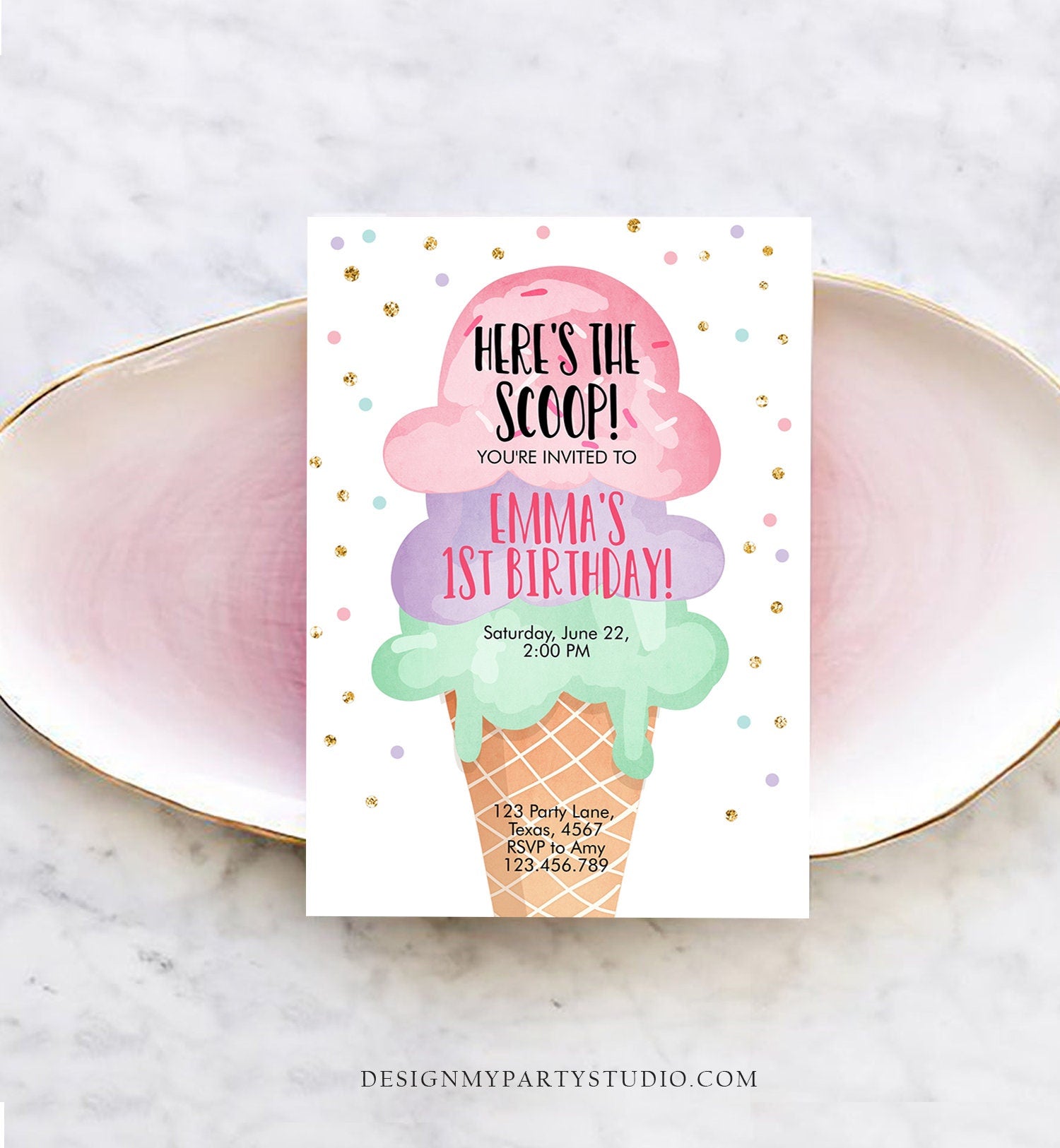 Editable Ice Cream Birthday Invitation First Birthday Party Here's the Scoop Cone Pink Green Gold Purple Printable Template Corjl 0243