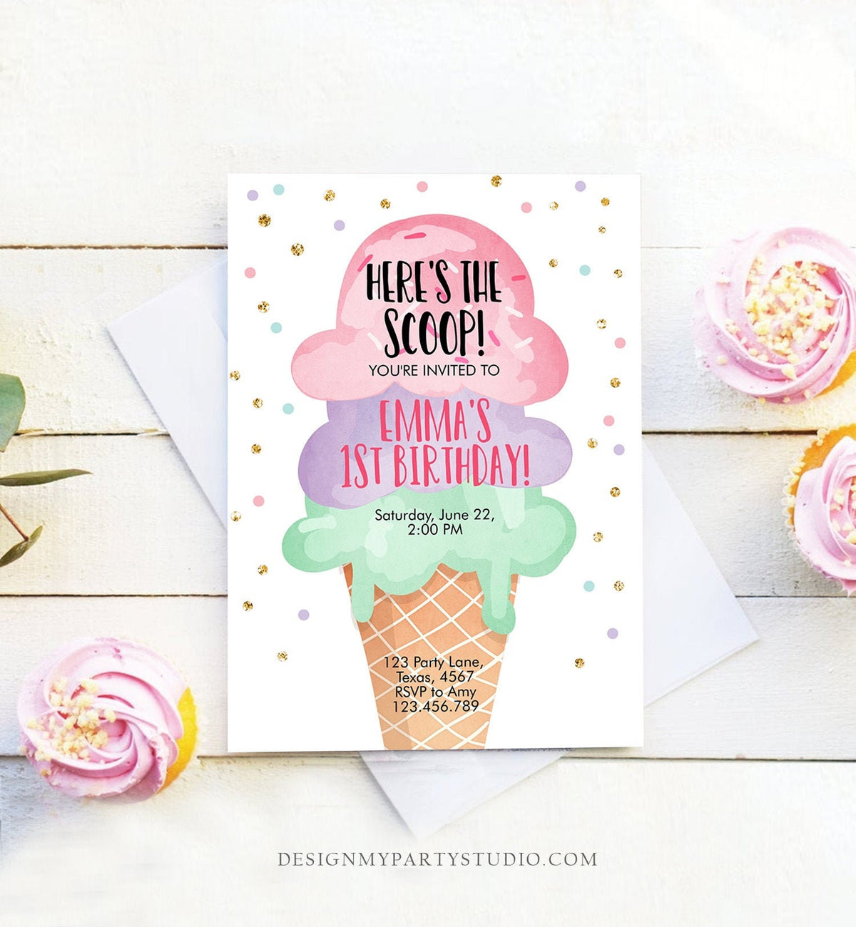 Editable Ice Cream Birthday Invitation First Birthday Party Here&#39;s the Scoop Cone Pink Green Gold Purple Printable Template Corjl 0243