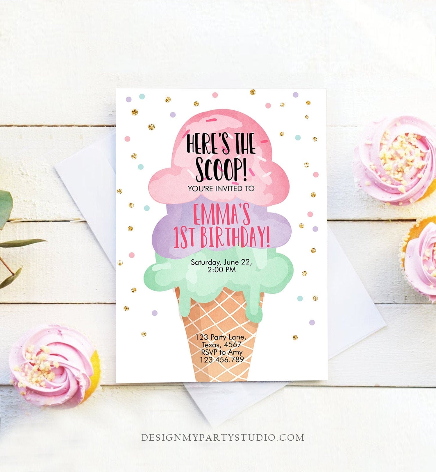 Editable Ice Cream Birthday Invitation First Birthday Party Here's the Scoop Cone Pink Green Gold Purple Printable Template Corjl 0243