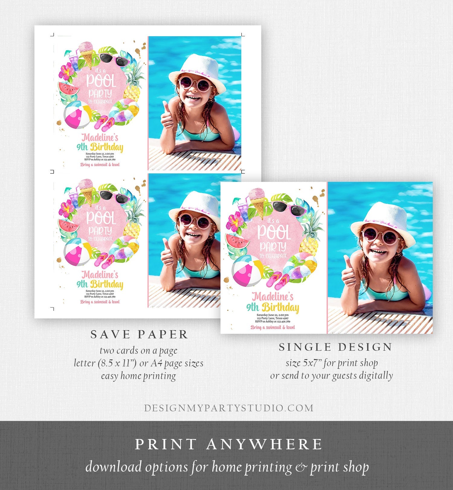 Editable Tropical Pool Party Birthday Invitation Splish Splash Birthday Bash Girl Pineapple Download Printable Invite Template Corjl 0414