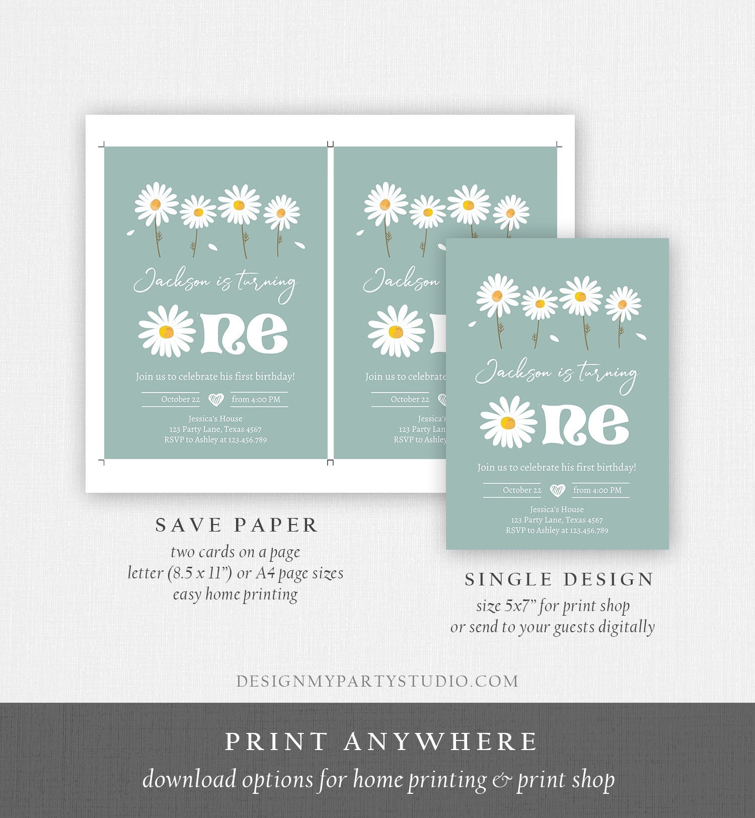 Editable Daisy Birthday Party Invitation 1st Birthday One Party Bohemian Boy First Dusty Blue Download Printable Template Corjl Digital 0410