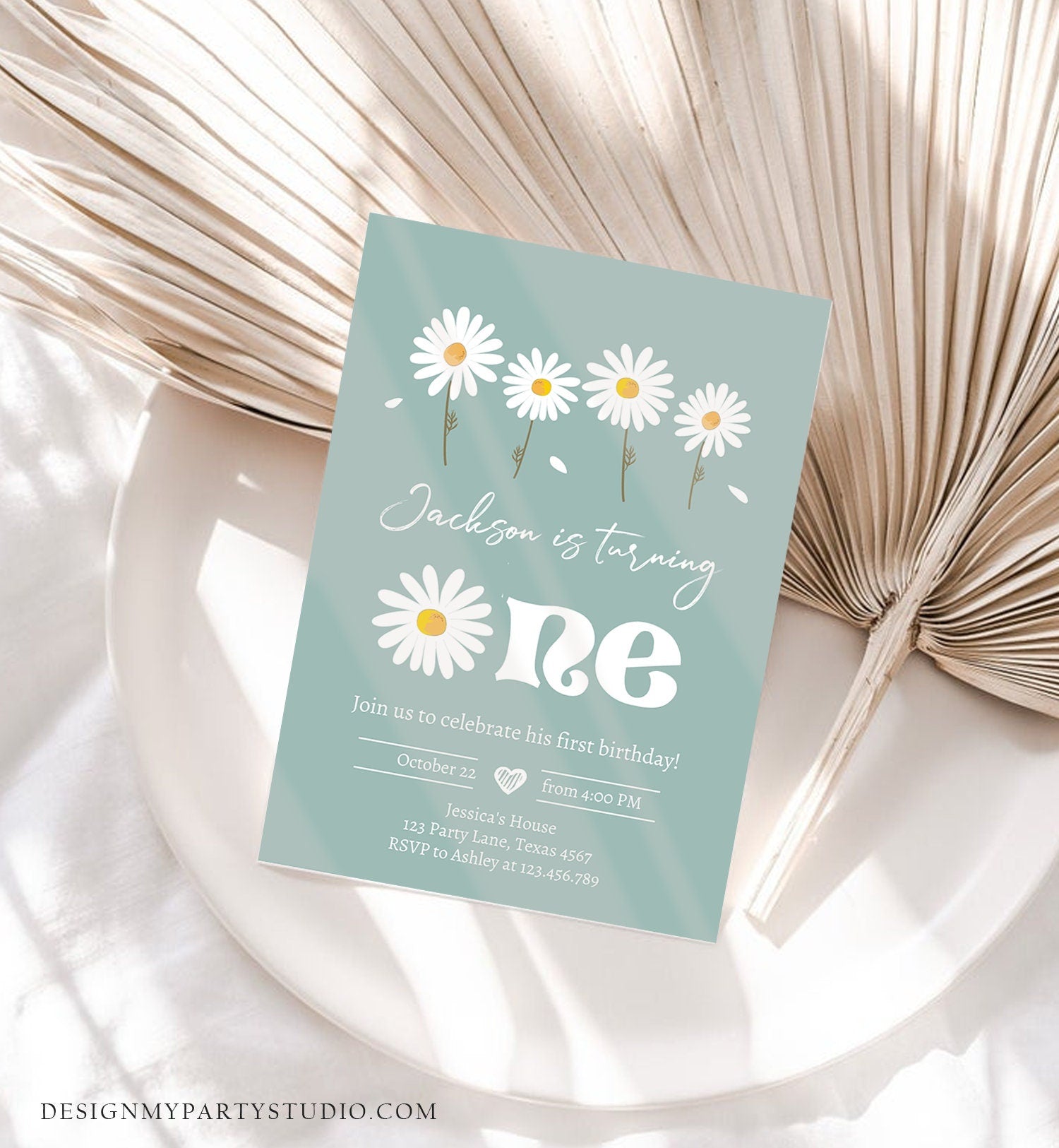 Editable Daisy Birthday Party Invitation 1st Birthday One Party Bohemian Boy First Dusty Blue Download Printable Template Corjl Digital 0410