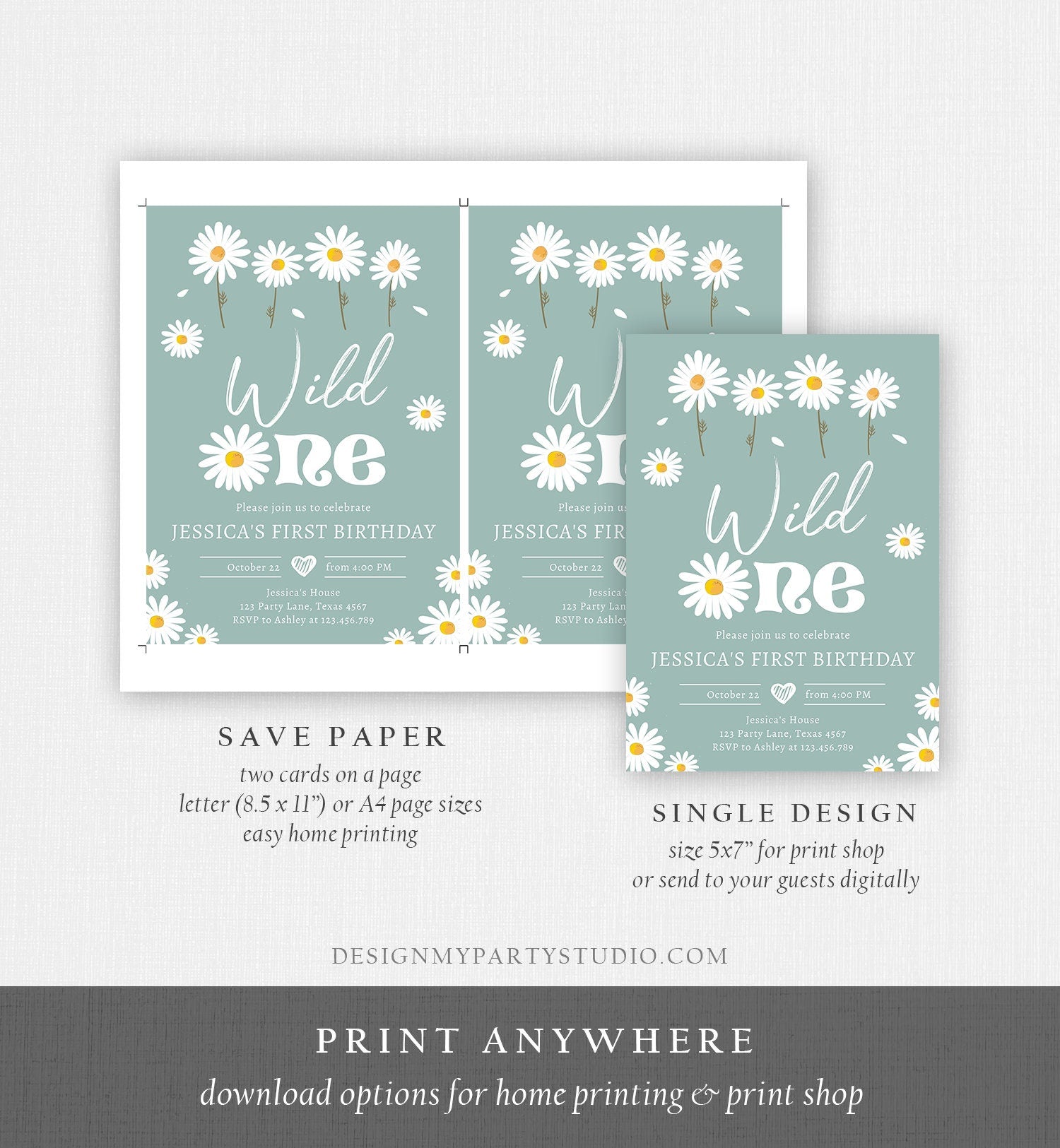 Editable Daisy Birthday Party Invitation Wild One Floral Girl Boho Dusty Blue First Birthday 1st Download Template Corjl Printable 0410