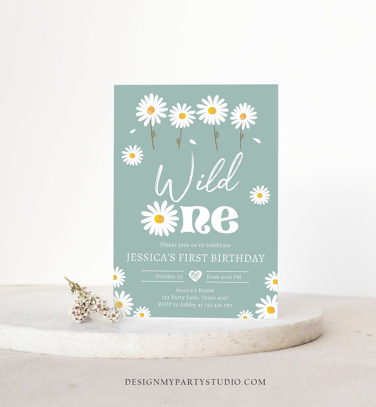 Editable Daisy Birthday Party Invitation Wild One Floral Girl Boho Dusty Blue First Birthday 1st Download Template Corjl Printable 0410