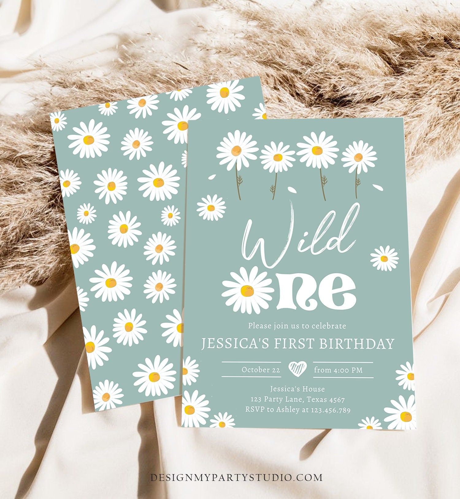 Editable Daisy Birthday Party Invitation Wild One Floral Girl Boho Dusty Blue First Birthday 1st Download Template Corjl Printable 0410