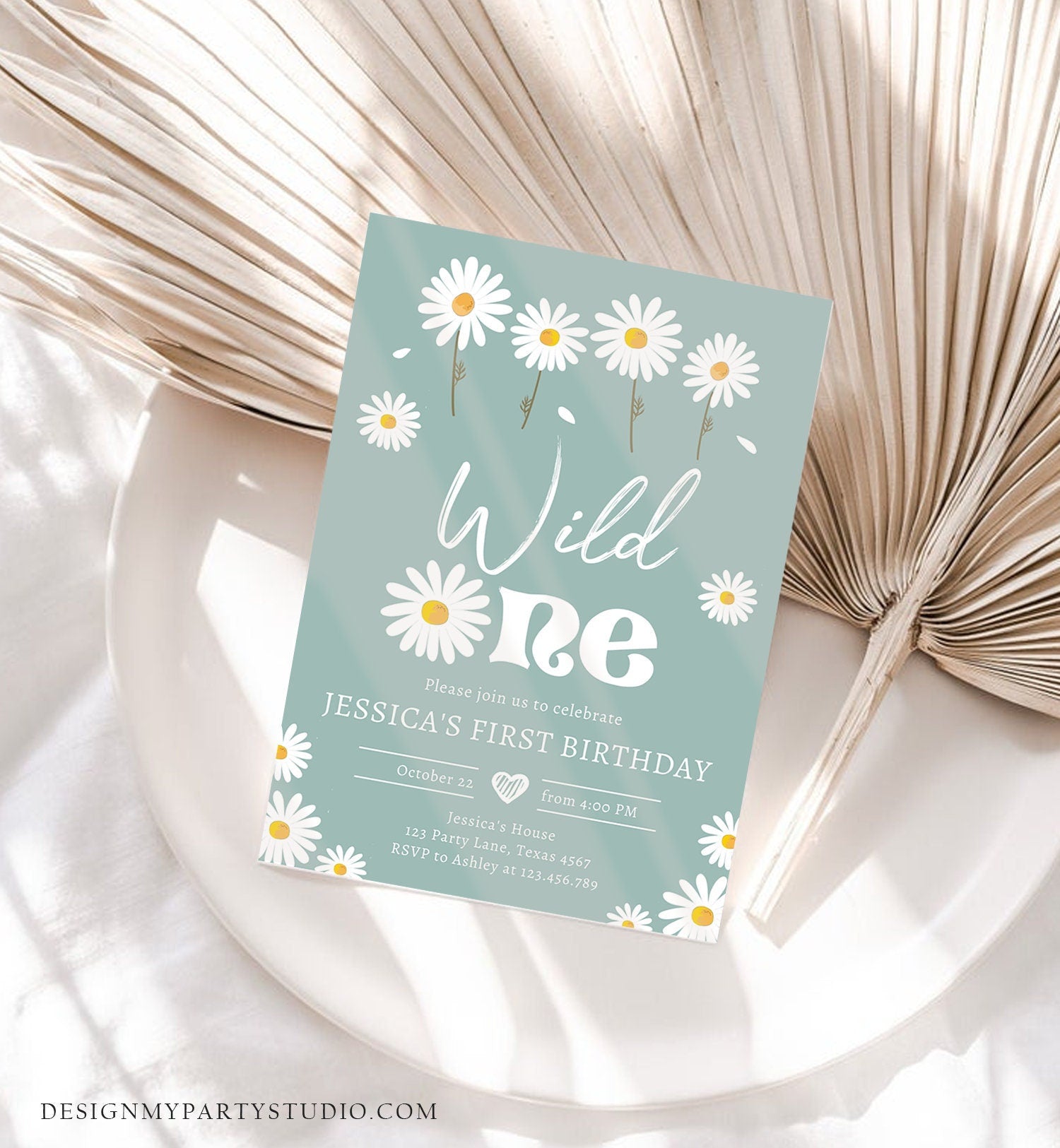 Editable Daisy Birthday Party Invitation Wild One Floral Girl Boho Dusty Blue First Birthday 1st Download Template Corjl Printable 0410