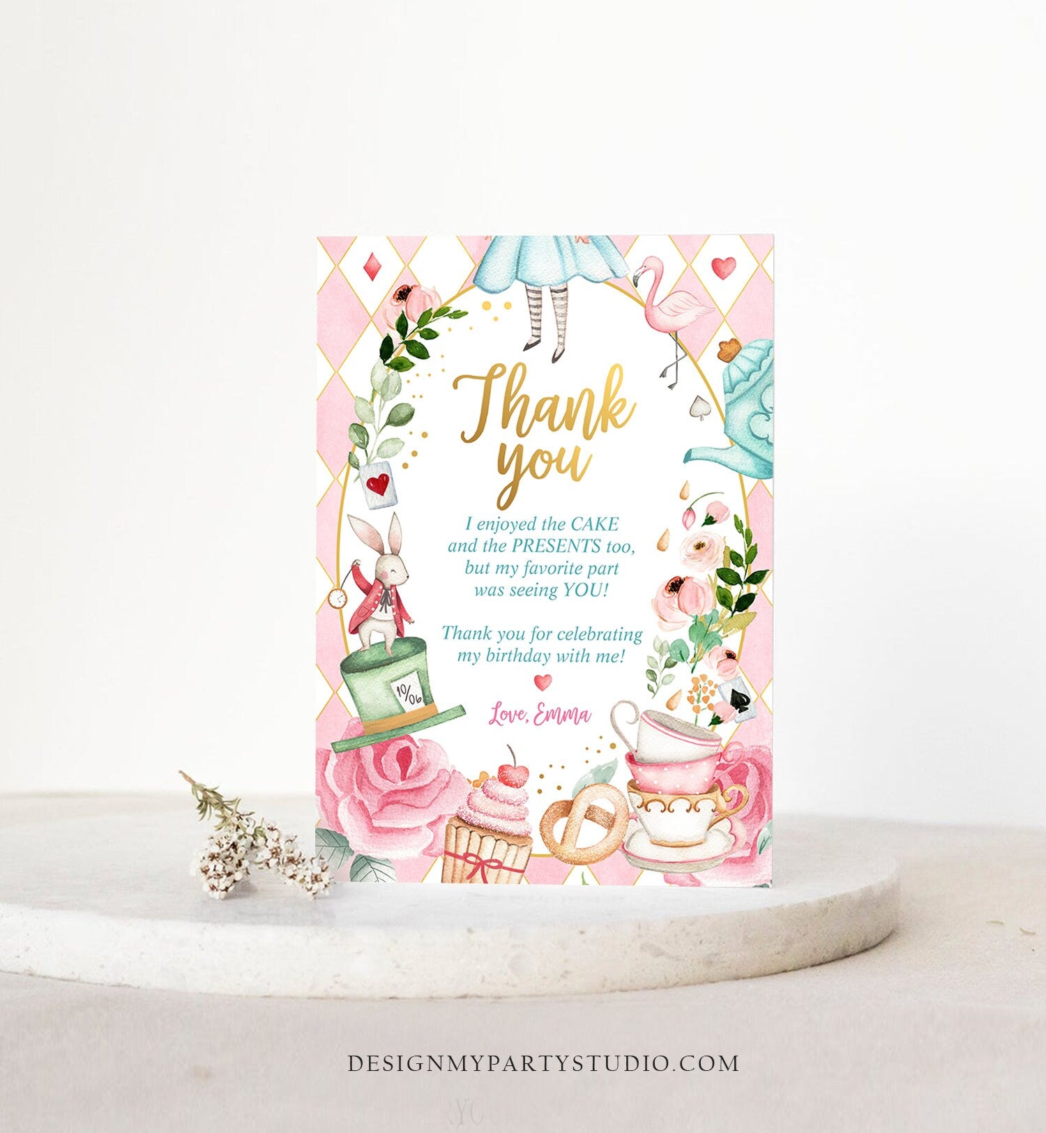 Editable Alice In Wonderland Thank You Card Girl First Birthday 1st Onederland Tea Party Thank You Printable Template Corjl Digital 0350