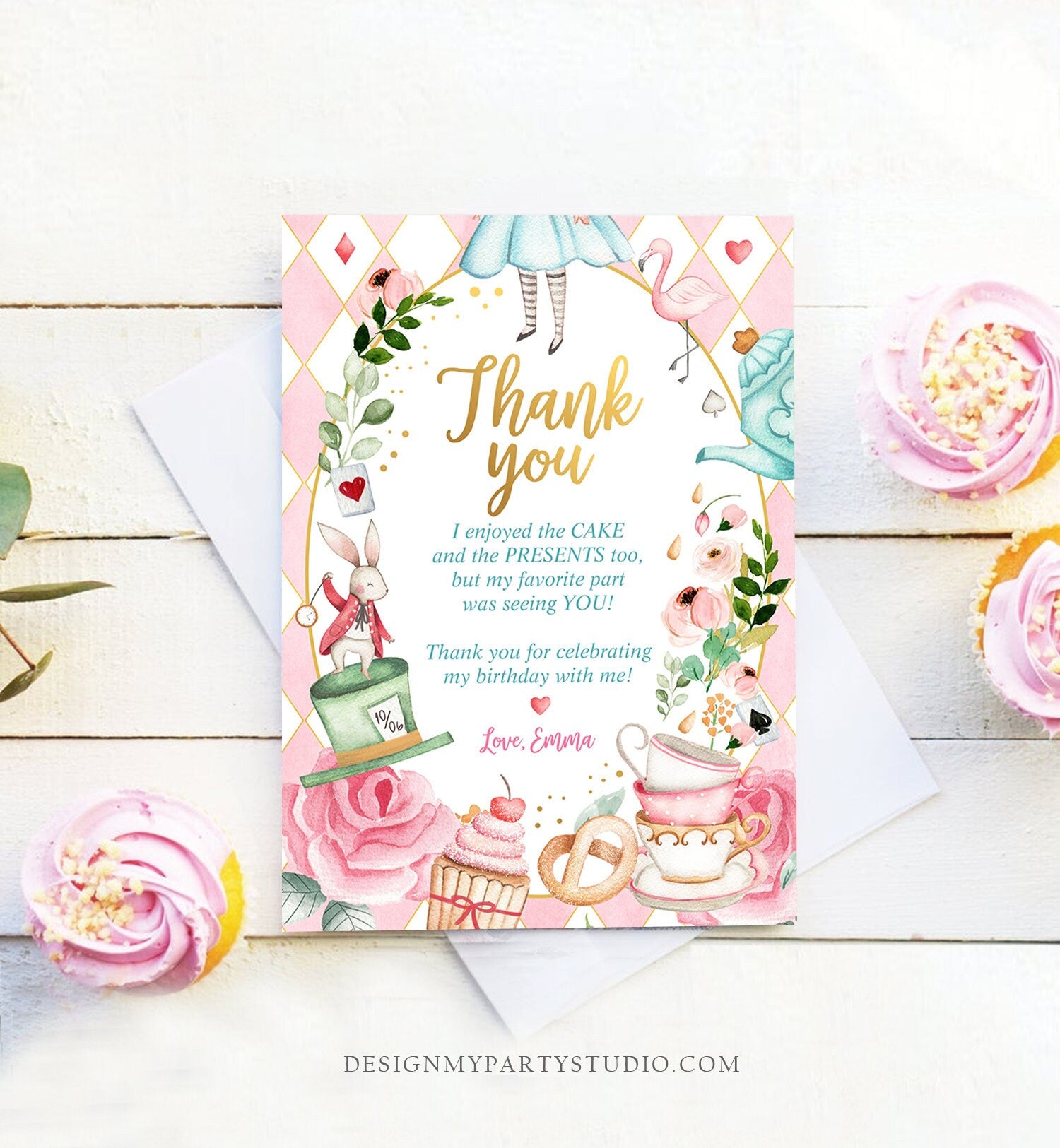 Editable Alice In Wonderland Thank You Card Girl First Birthday 1st Onederland Tea Party Thank You Printable Template Corjl Digital 0350