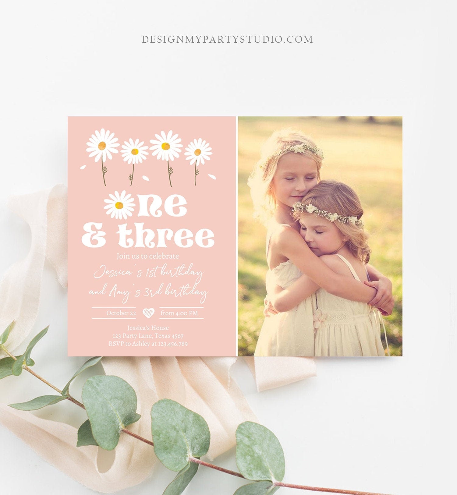 Editable Daisy Birthday Party Invitation 1st Birthday One and Three Party Boho Girl Sisters Download Printable Template Corjl Digital 0410