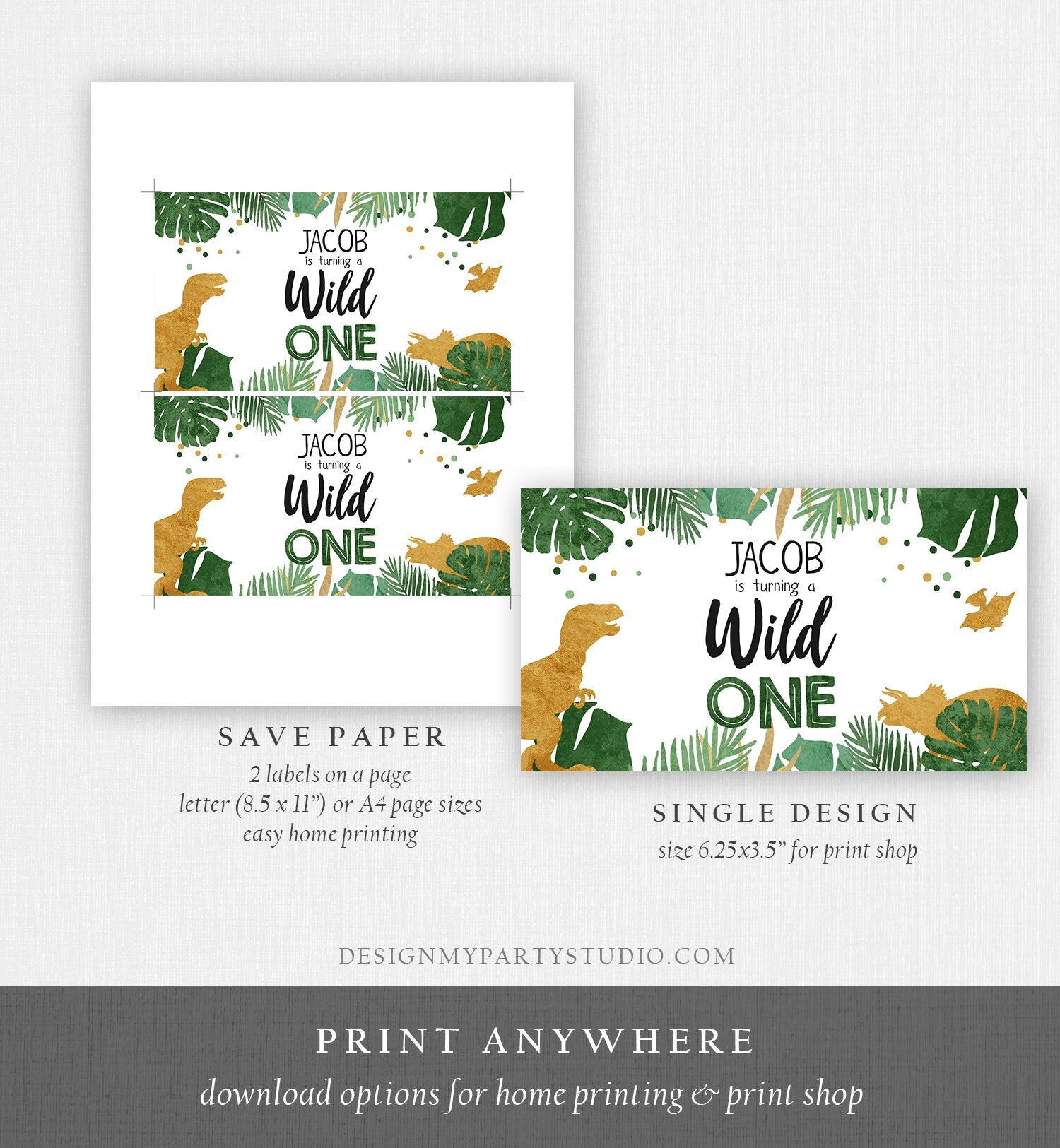 Editable Dinosaur Birthday Gable Gift Box Labels Party Animals Gold Green Wild One Safari First Birthday Boy Digital Corjl Printable 0146