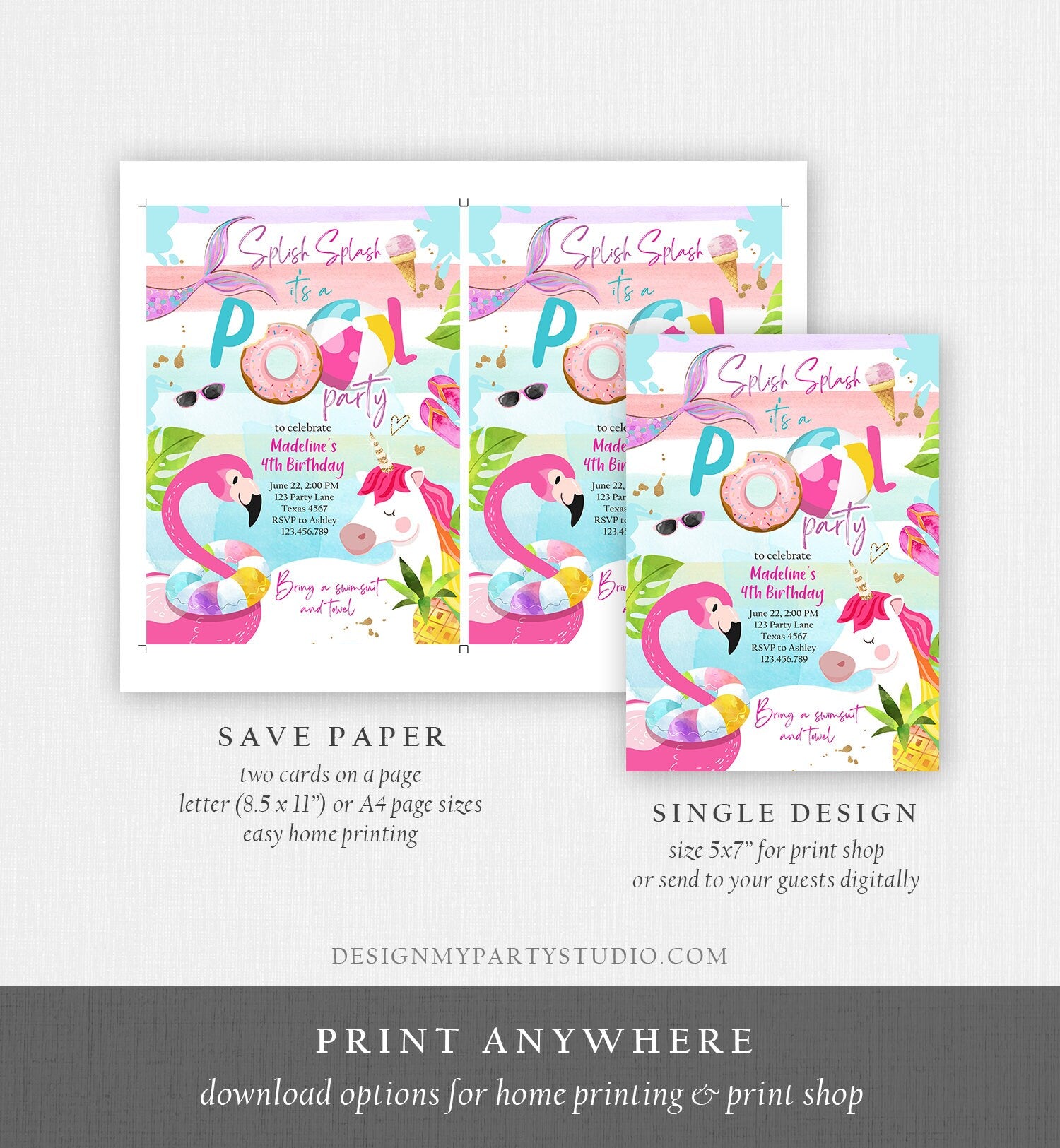 Editable Pool Party Invitation Pool Party Bash Invite Girl Pink Unicorn Float Flamingo Tropical Download Printable Template Corjl 0416