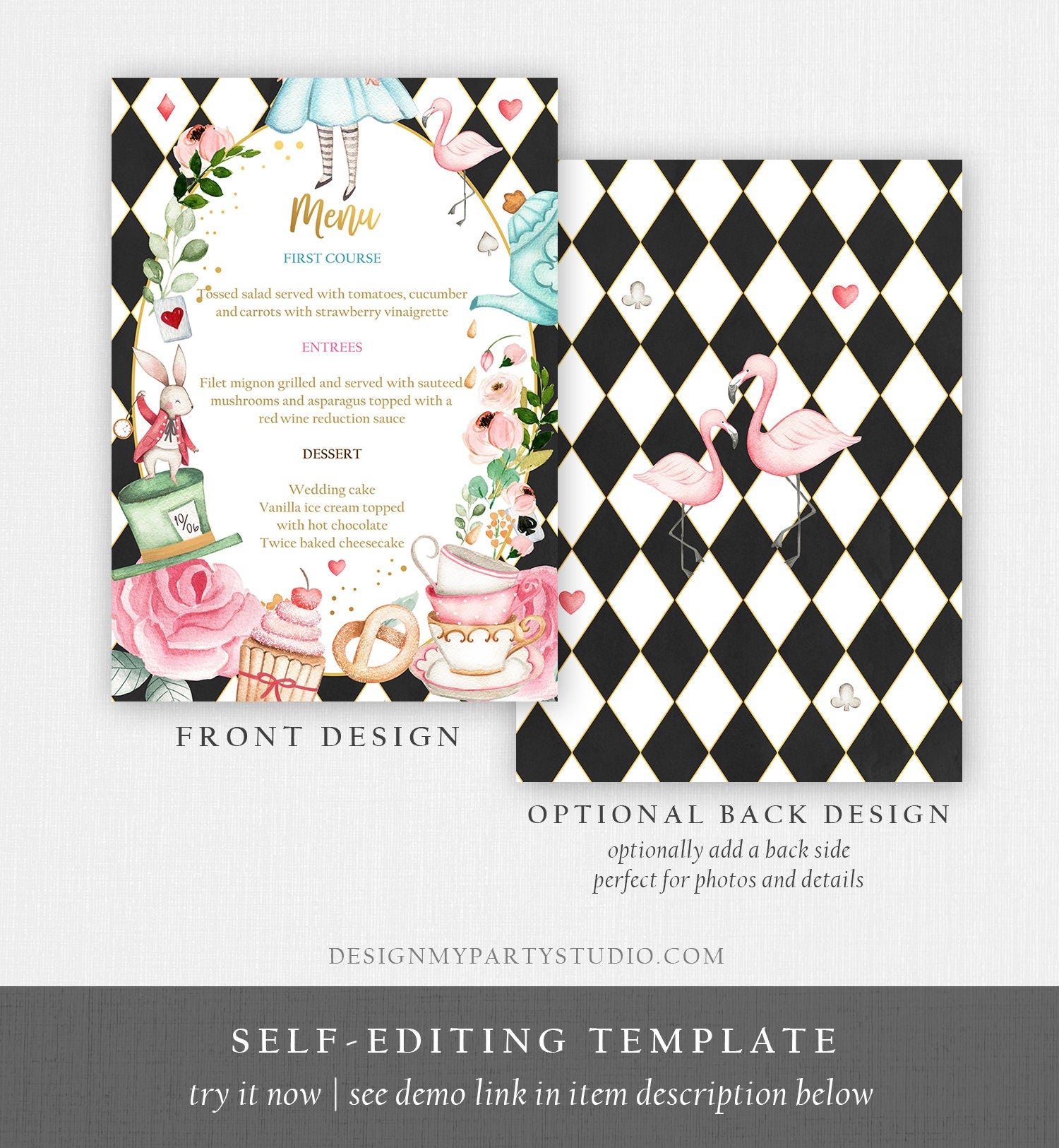 Editable Alice in Wonderland Menu Card Alice in Onederland Birthday Pink Menu Alice Decor Tea Party Download Corjl Template Printable 0350