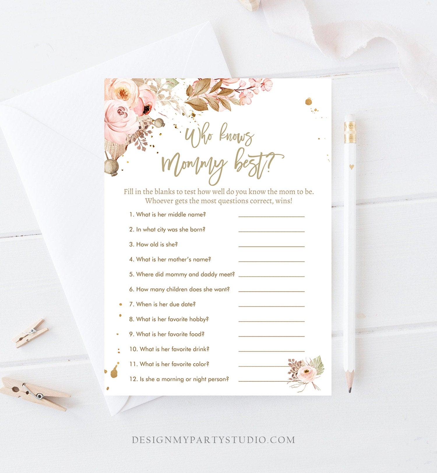 Editable Who Knows Mommy Best Baby Shower Game Bohemian Pampas Grass Tropical Desert Baby Shower Activity Corjl Template Printable 0395