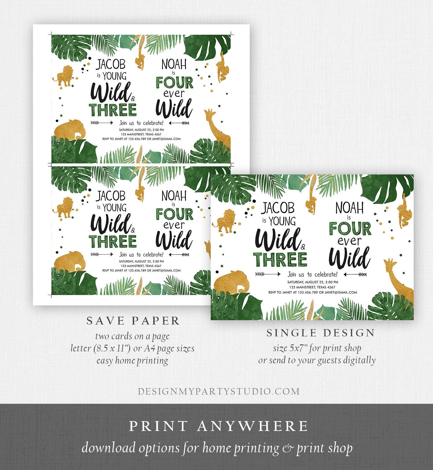 Editable Young Wild and Three Four Ever Wild Birthday Invitation Boys Siblings Safari Animals Party Gold Joint Combined Corjl Template 0016