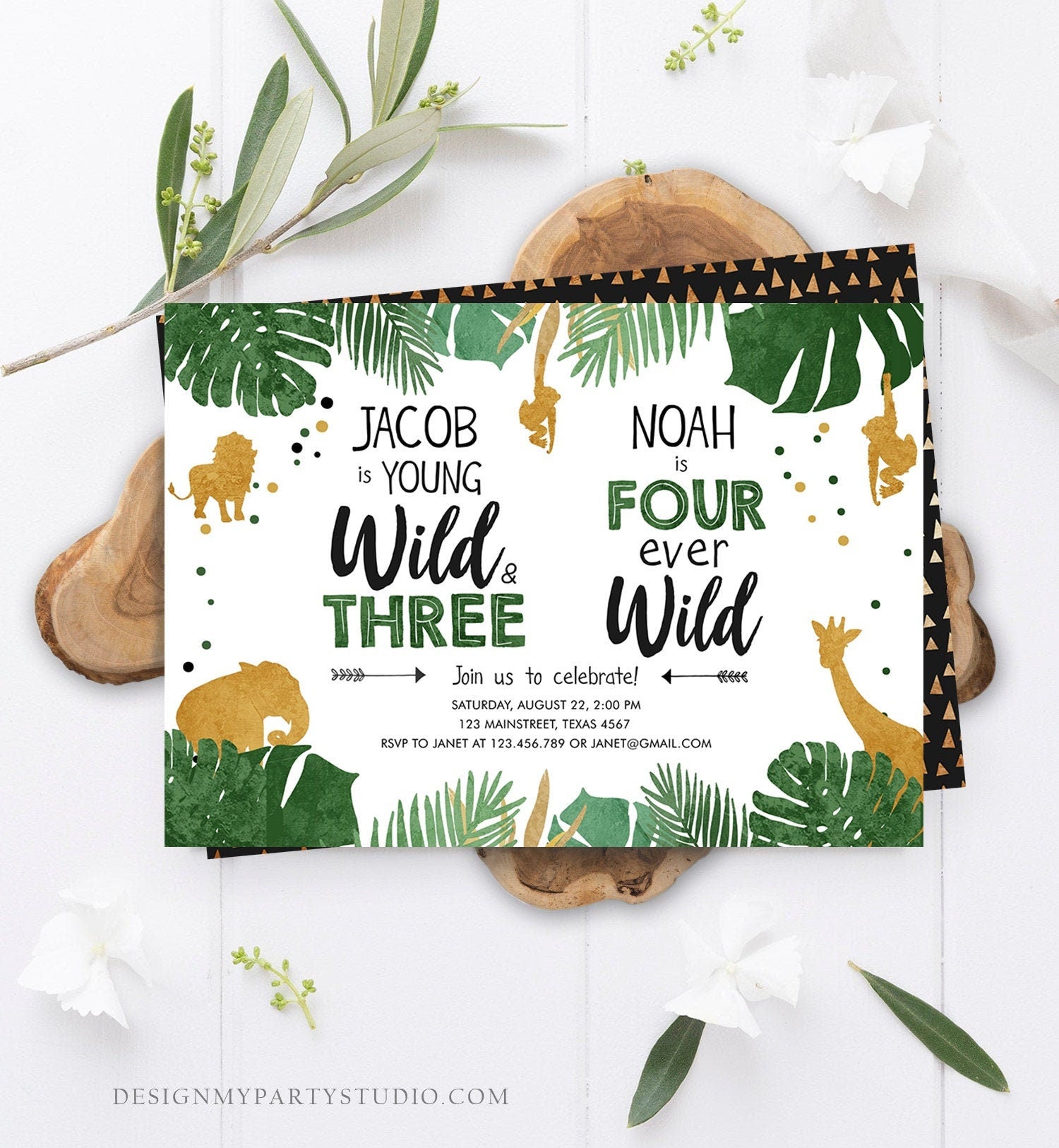 Editable Young Wild and Three Four Ever Wild Birthday Invitation Boys Siblings Safari Animals Party Gold Joint Combined Corjl Template 0016