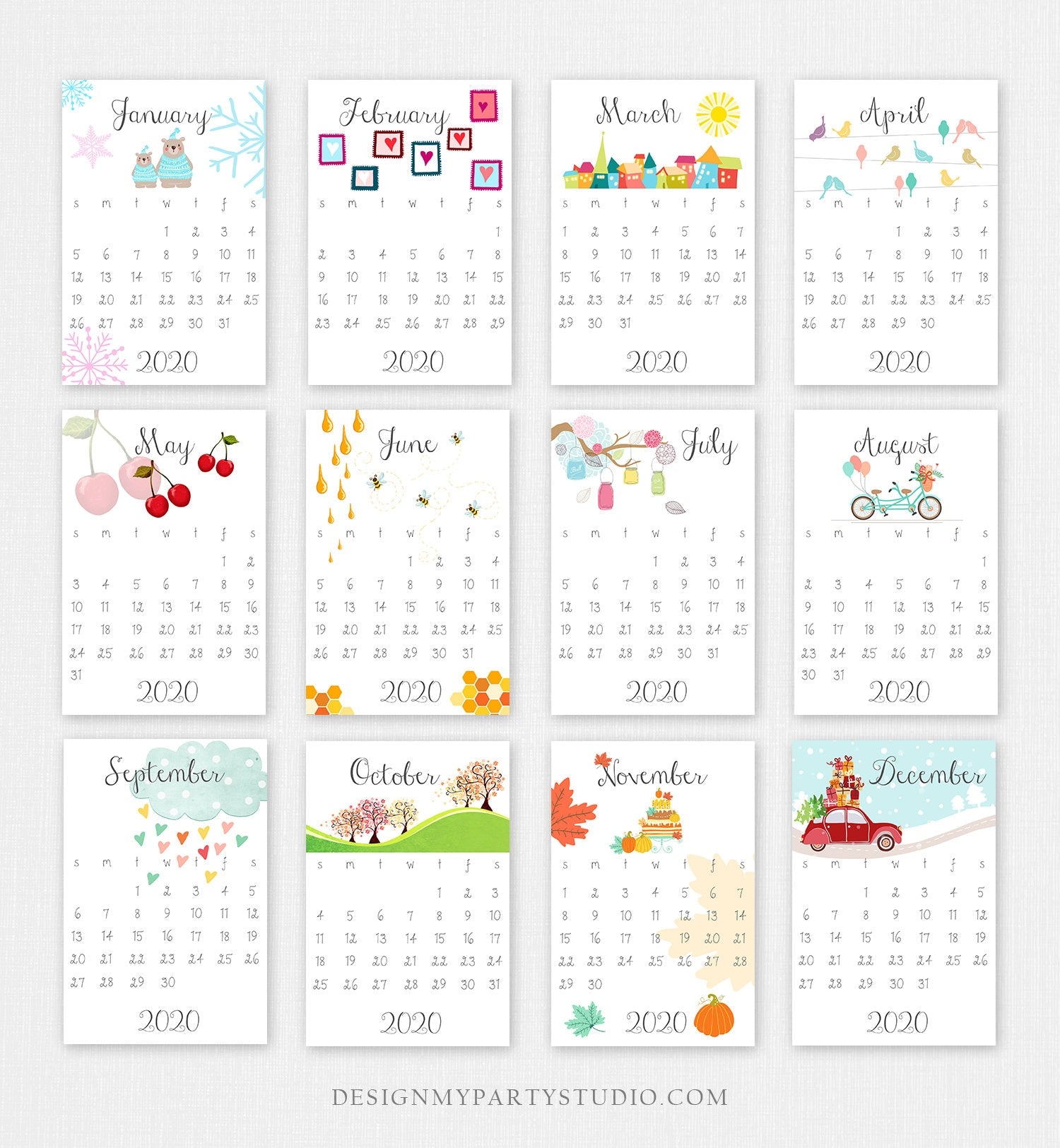 PRINTABLE 2022 Calendar Wall Calendar Desk Calendar Classroom School Calendar 4x6 Month Year Seasons Colorful Digital Instant Download DIY