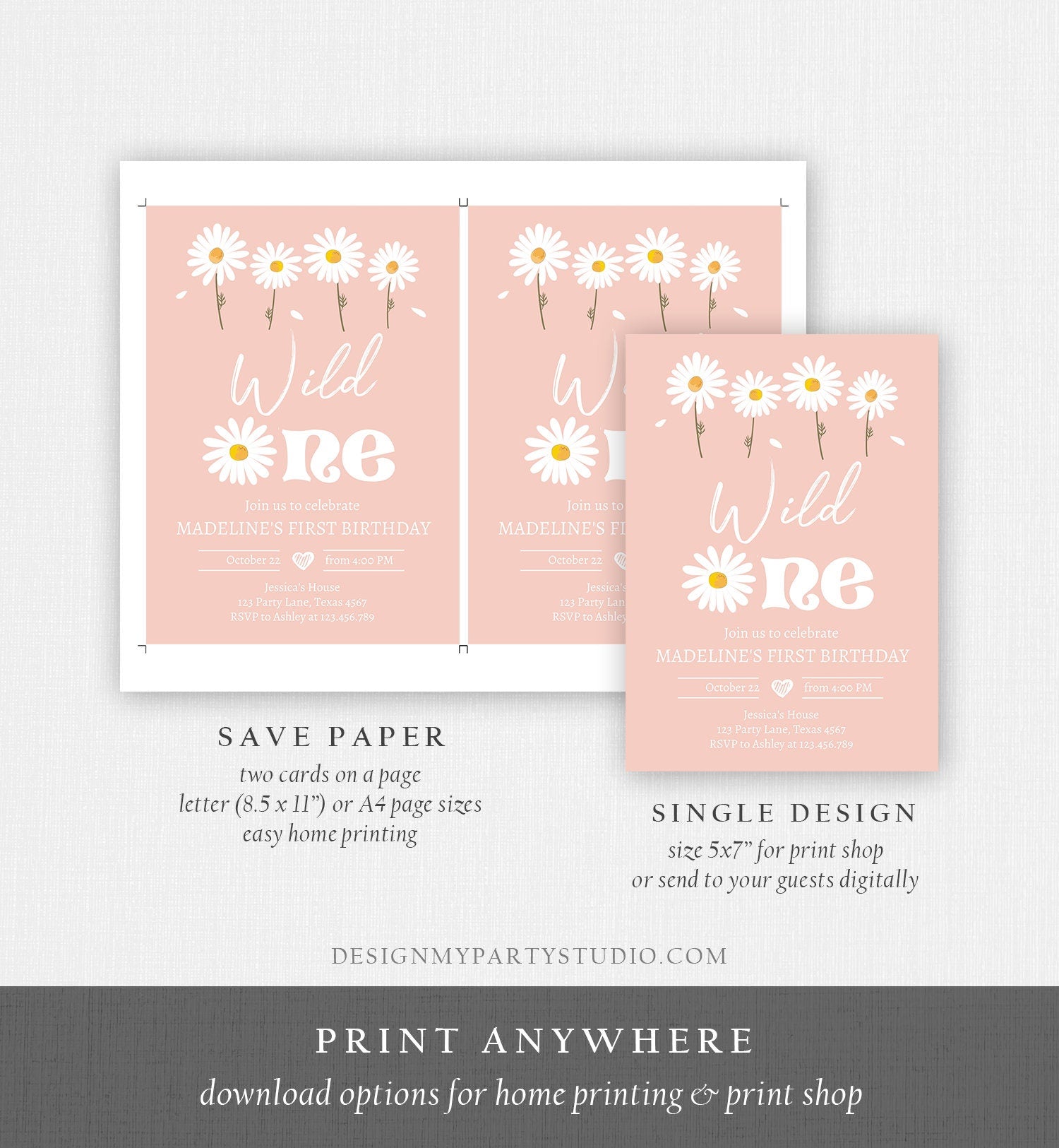 Editable Daisy Birthday Party Invitation 1st Birthday Wild One Floral Girl Boho Pink First Download Printable Template Corjl Digital 0410