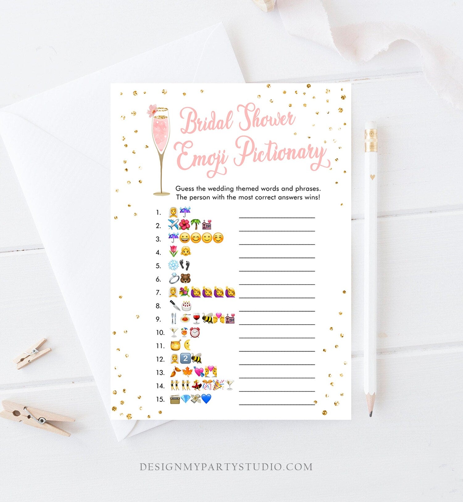 Editable Emoji Pictionary Bridal Shower Game Brunch and Bubbly Emoticons Social Icons Wedding Activity Gold Corjl Template Printable 0150