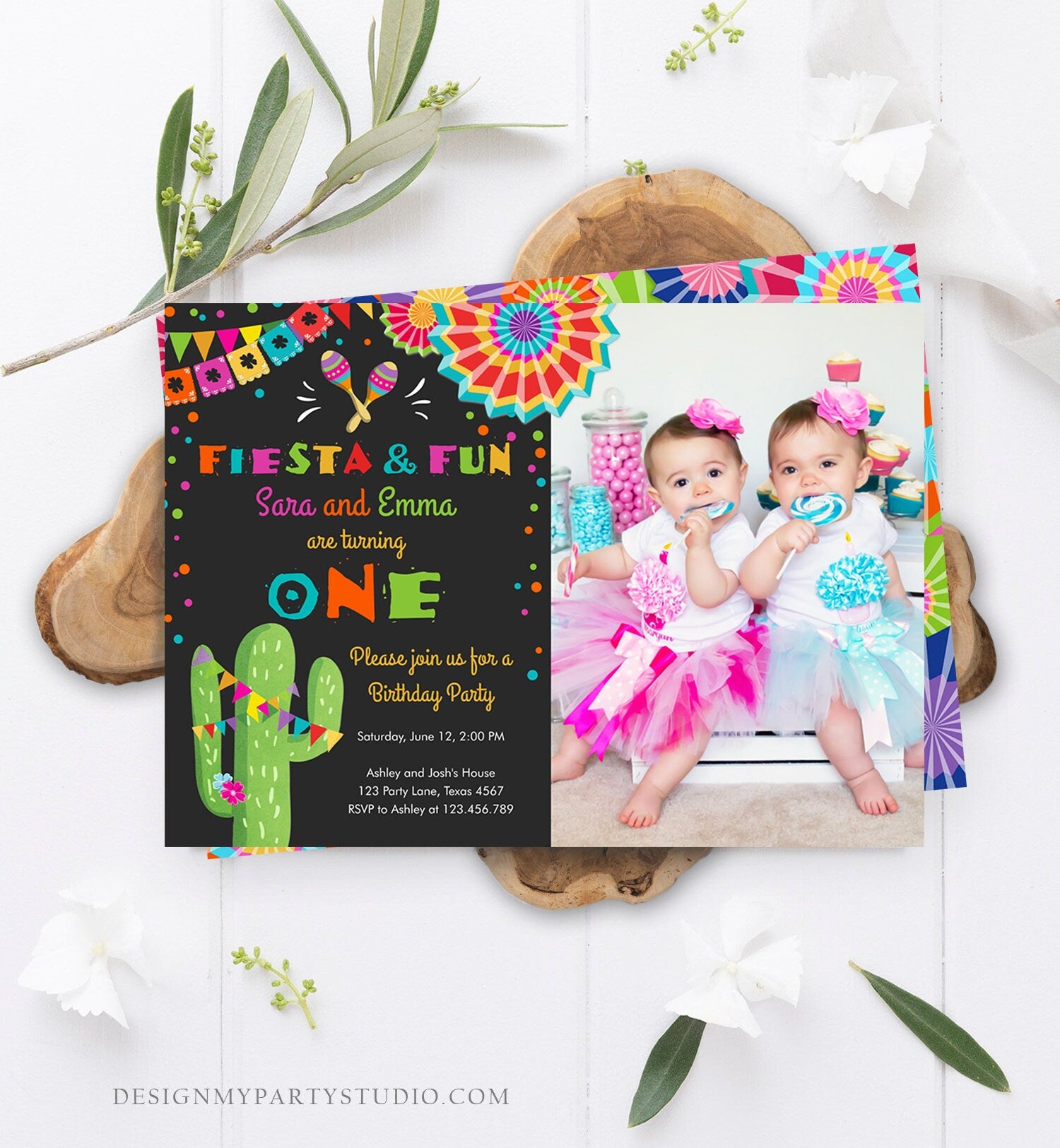 Editable Fiesta and Fun Birthday Invitation ANY AGE Joint Siblings Cactus Mexican Party Girl Boy Colorful Corjl Template Printable 0045