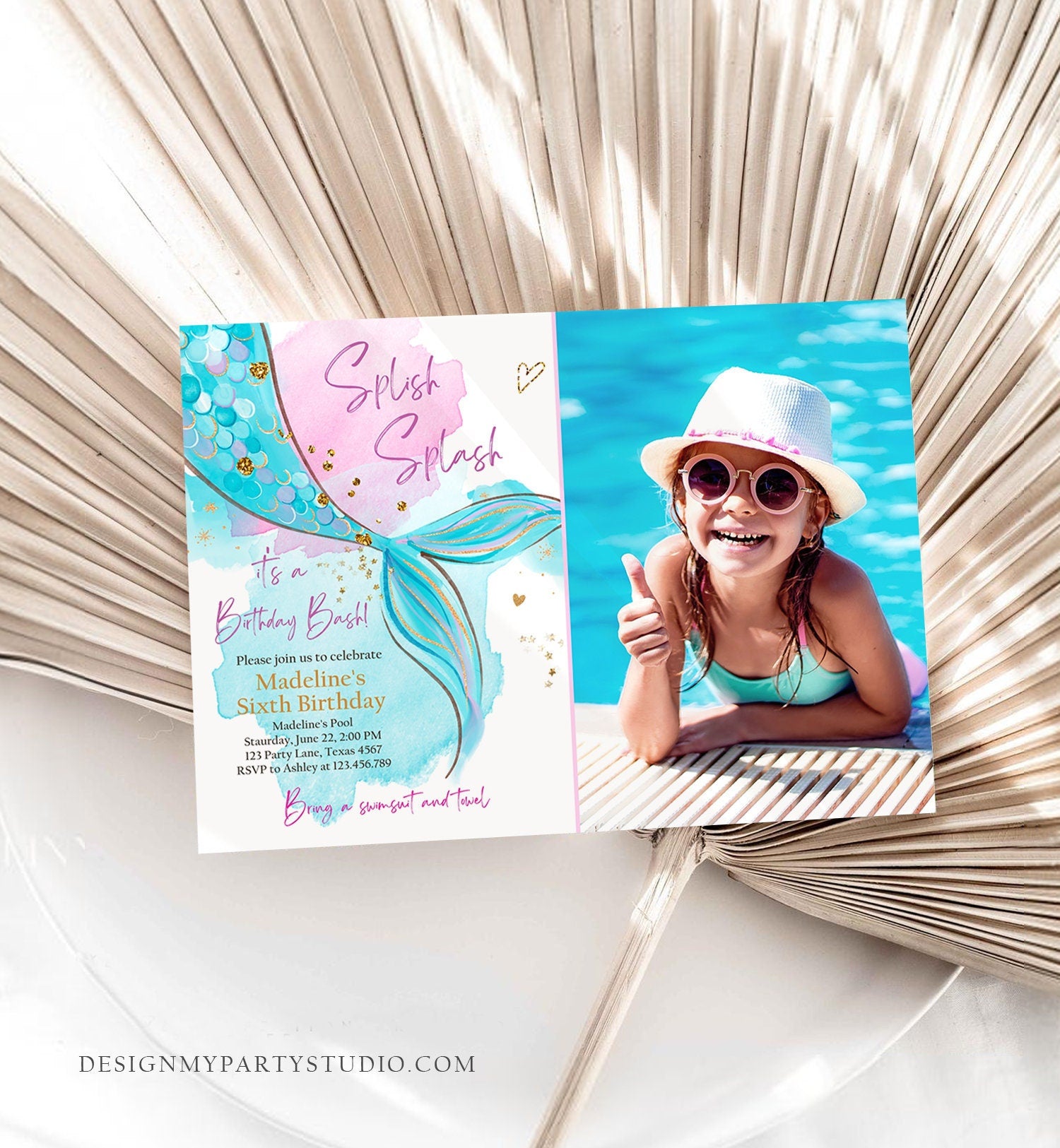 Editable Mermaid Birthday Party Invitation Girl Pink Aqua Blue Gold Mermaid Birthday Under The Sea Download Printable Template Corjl 0403