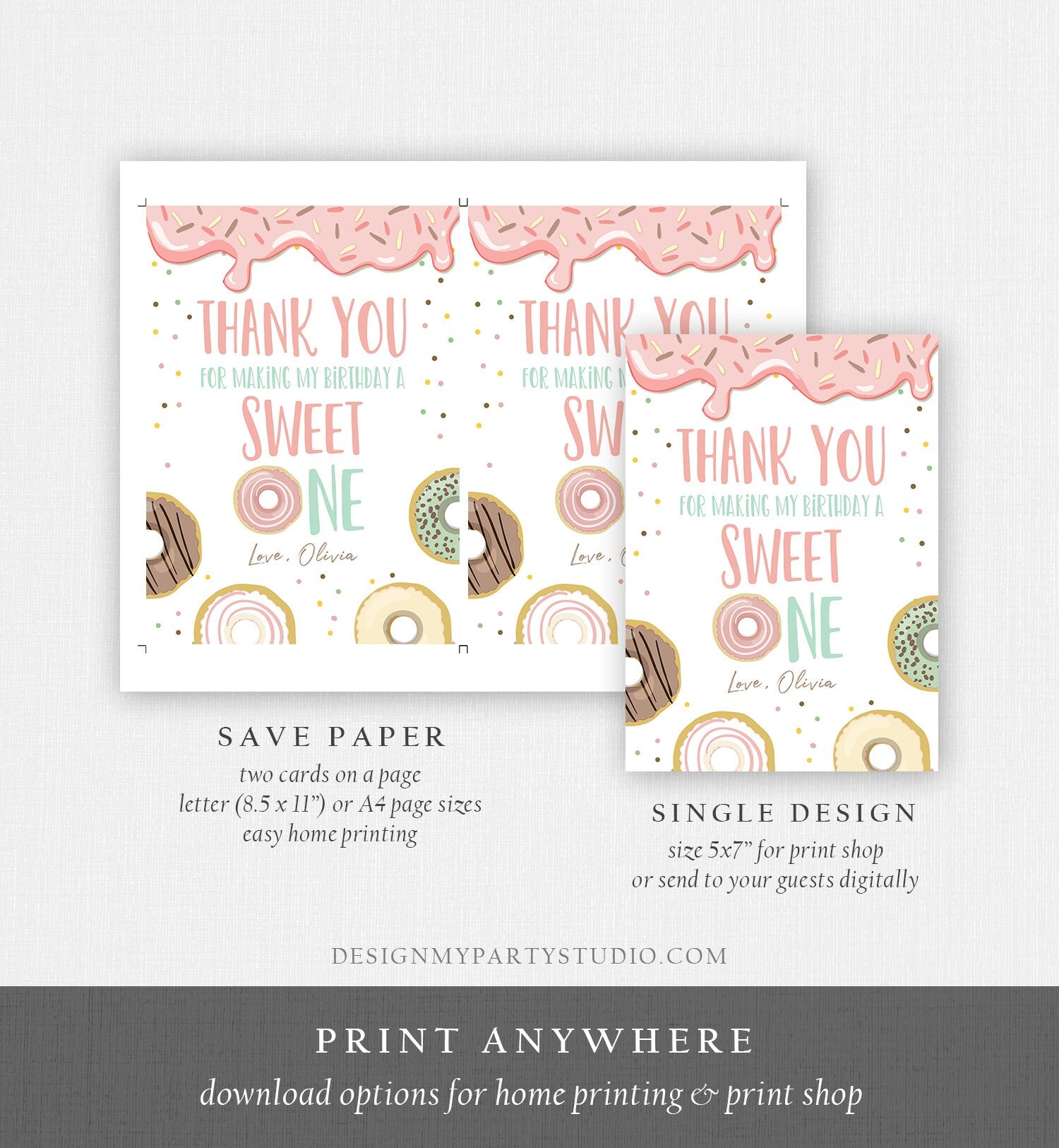 Editable Donut Thank You Card Note Pink Pastel Girl Birthday Party Doughnut Thank You Photo Sweet One Birthday Corjl Template Printable 0320