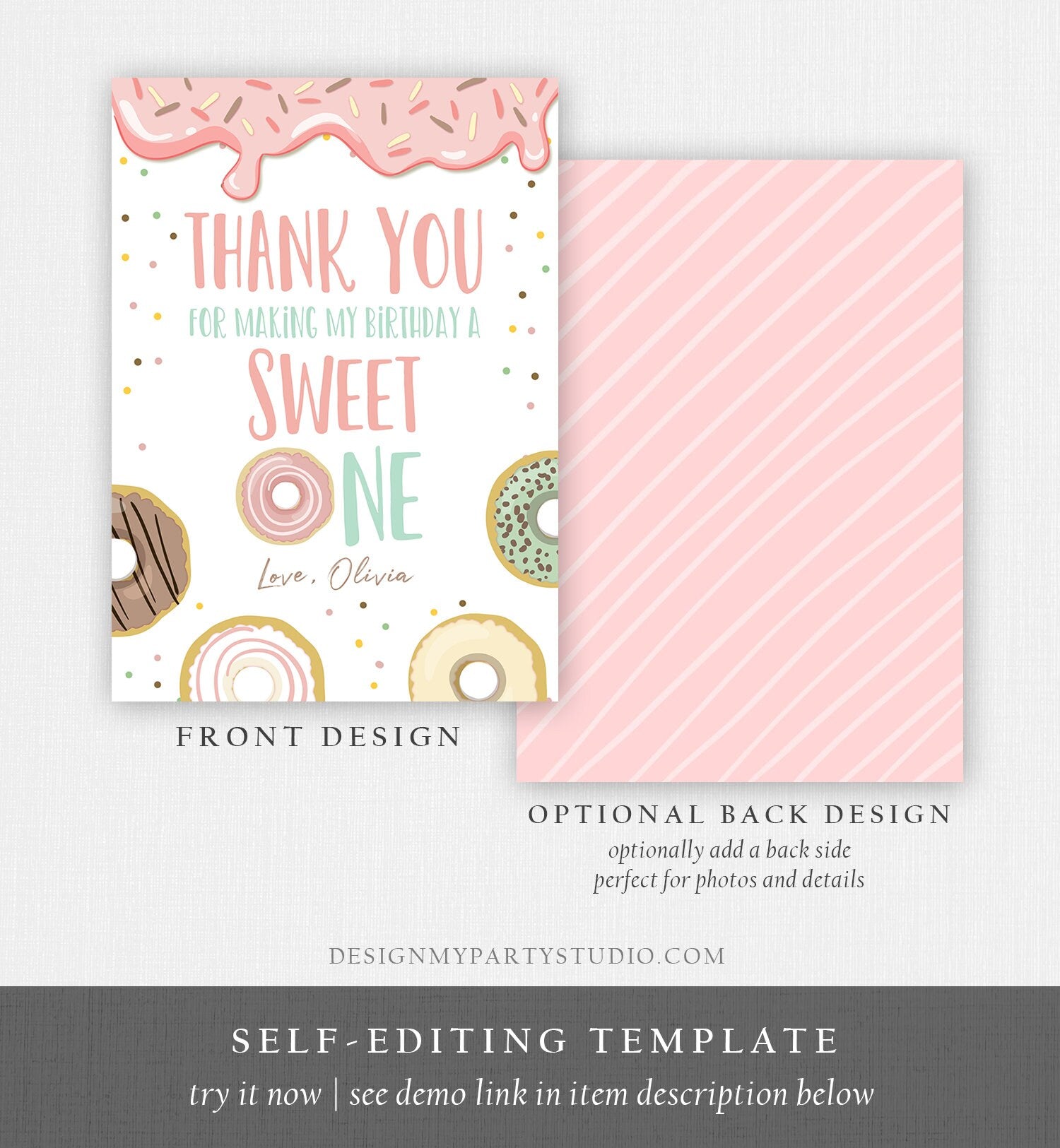 Editable Donut Thank You Card Note Pink Pastel Girl Birthday Party Doughnut Thank You Photo Sweet One Birthday Corjl Template Printable 0320