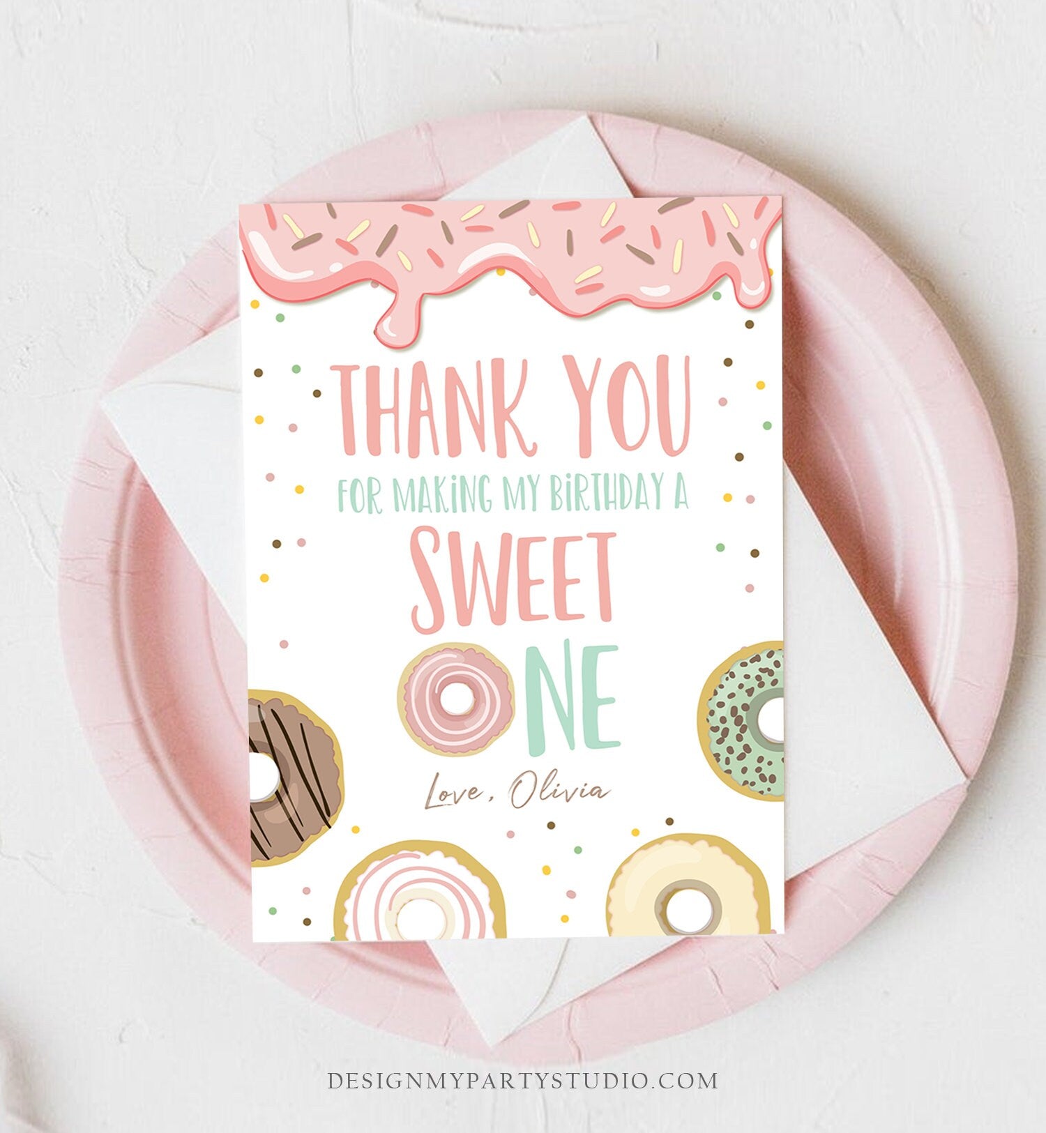 Editable Donut Thank You Card Note Pink Pastel Girl Birthday Party Doughnut Thank You Photo Sweet One Birthday Corjl Template Printable 0320