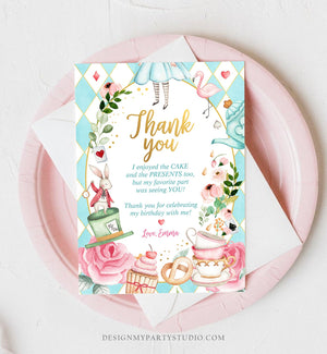 Editable Alice In Wonderland Thank You Card Girl Blue First Birthday Onederland Tea Party Thank You Printable Template Corjl Digital 0350