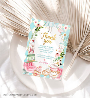 Editable Alice In Wonderland Thank You Card Girl Blue First Birthday Onederland Tea Party Thank You Printable Template Corjl Digital 0350